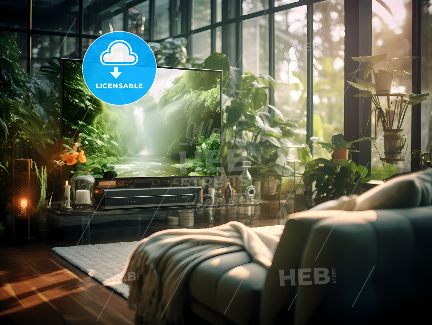 In A Spacious And Bright Living Room, A Tv In A Room With Plants