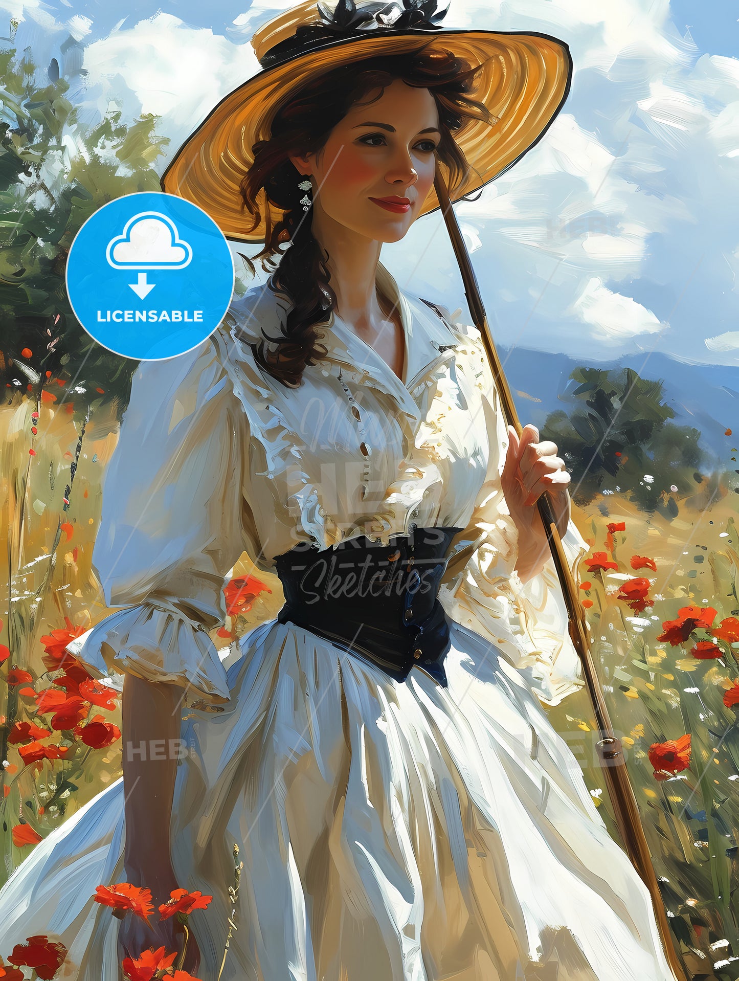 Wind, A Woman In A Dress Holding An Umbrella