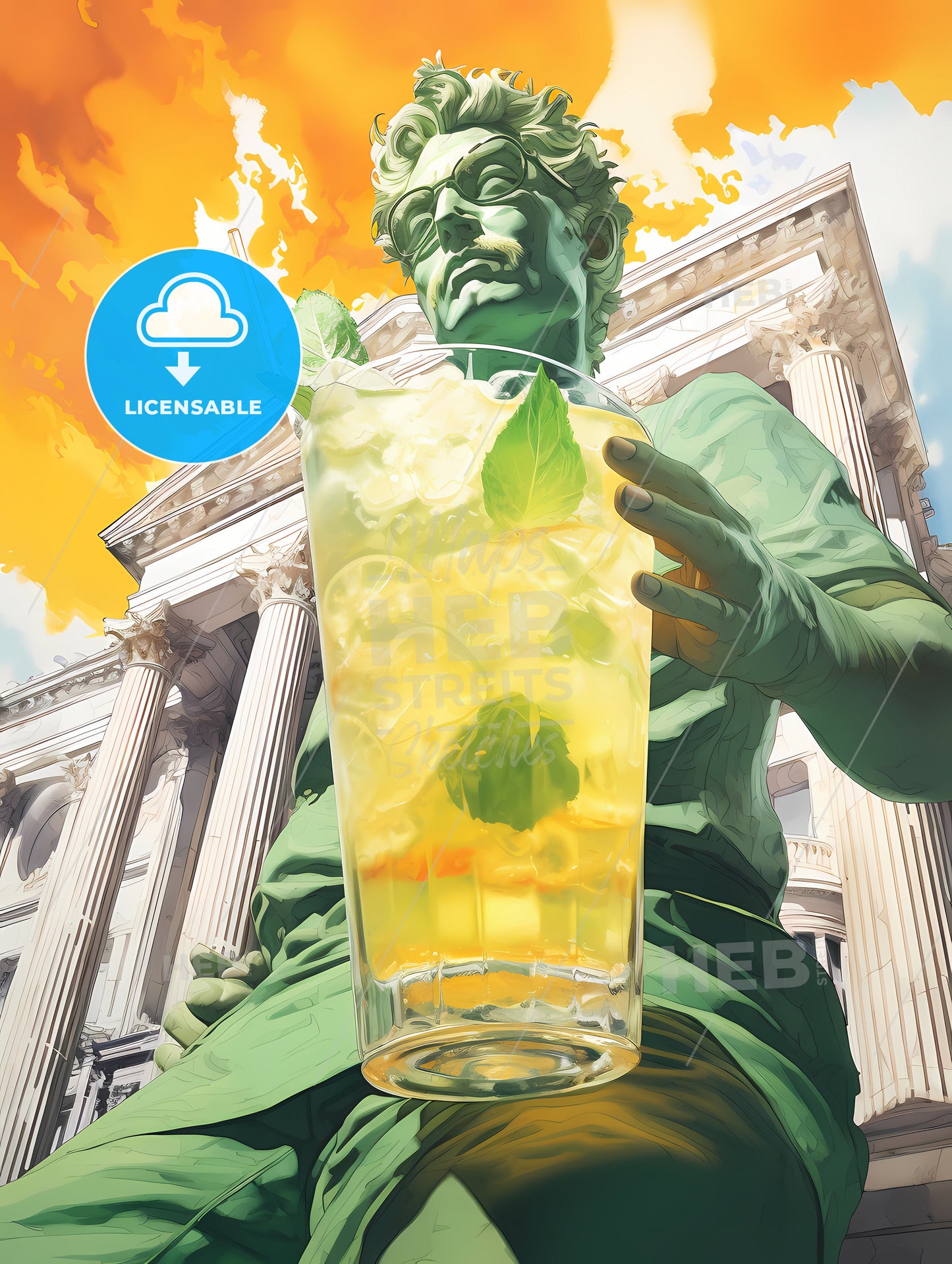 Mojito Drink, A Statue Holding A Glass Of Liquid