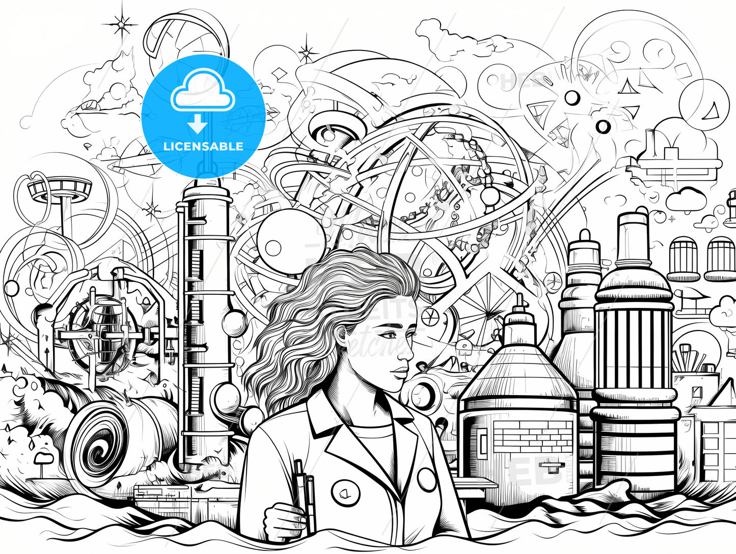 Science Day, A Woman Standing In Water With A City In The Background