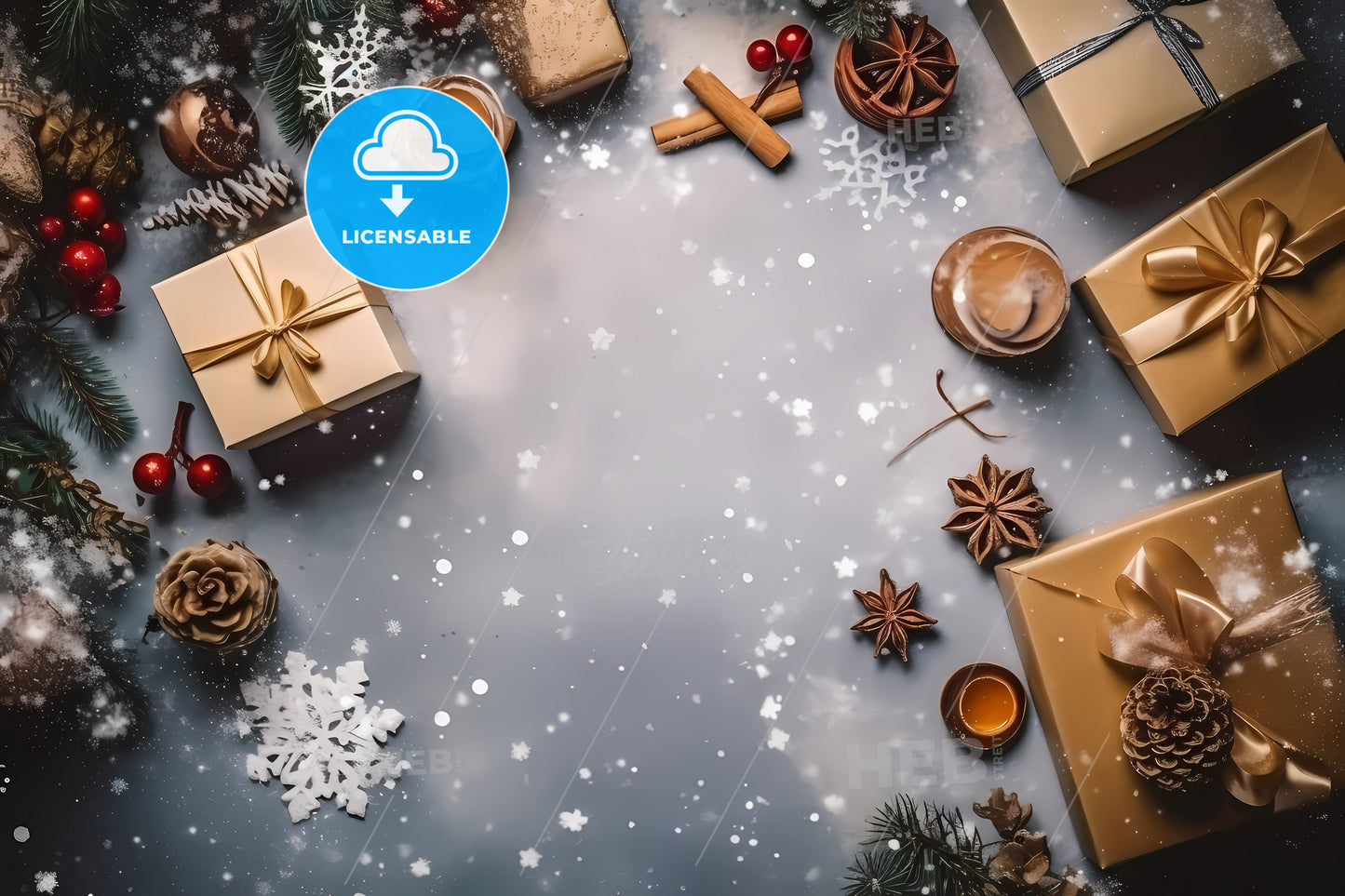 Top View Of Snowed Table, A Group Of Presents And Decorations