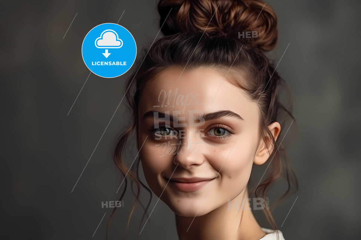 Happy Cheerful Caucasian Young Woman, A Woman With A Bun