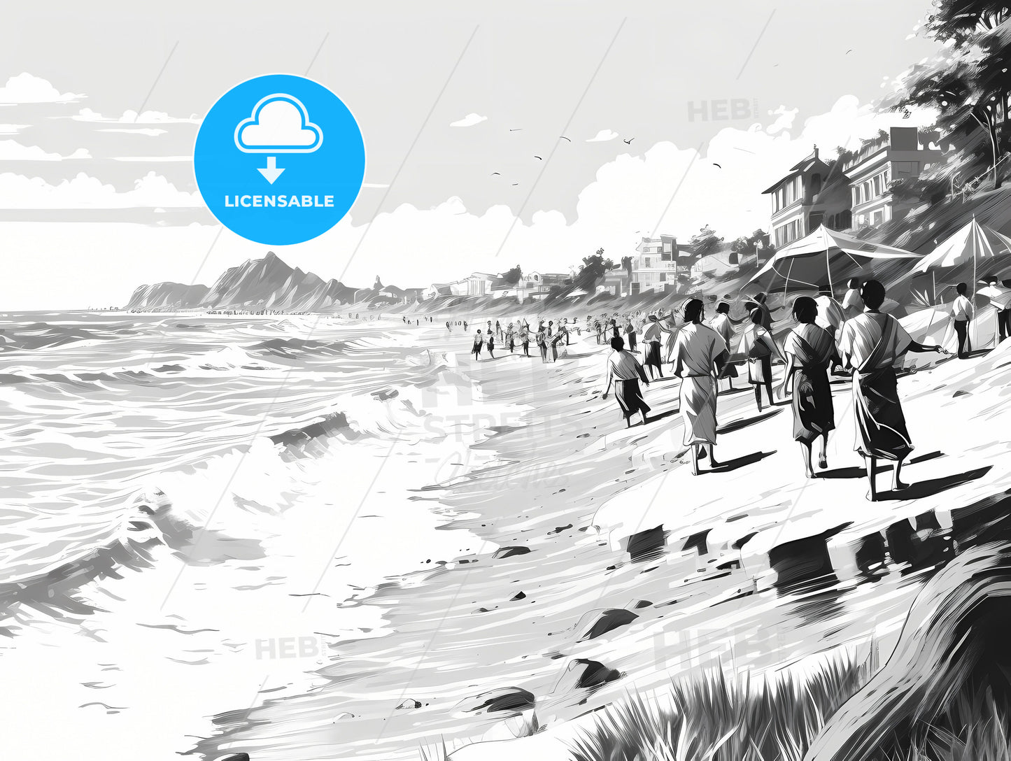 On A Sunny Day, A Group Of People Walking On A Beach