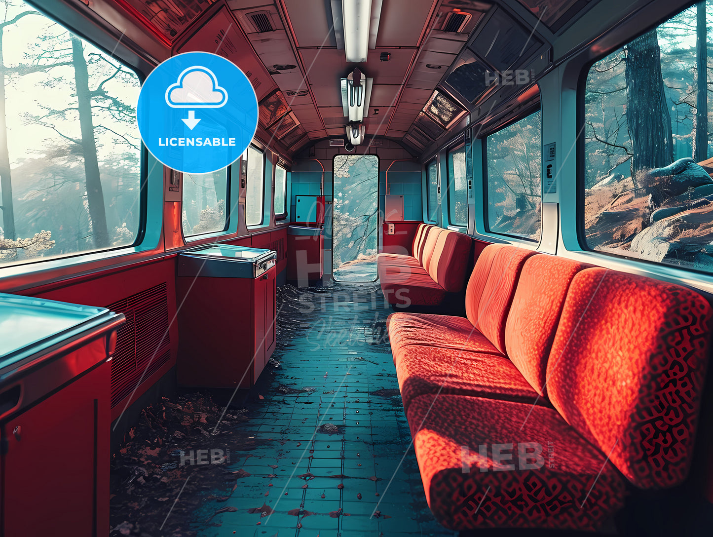 Passengers Sat Comfortably, A Red Couches On A Train