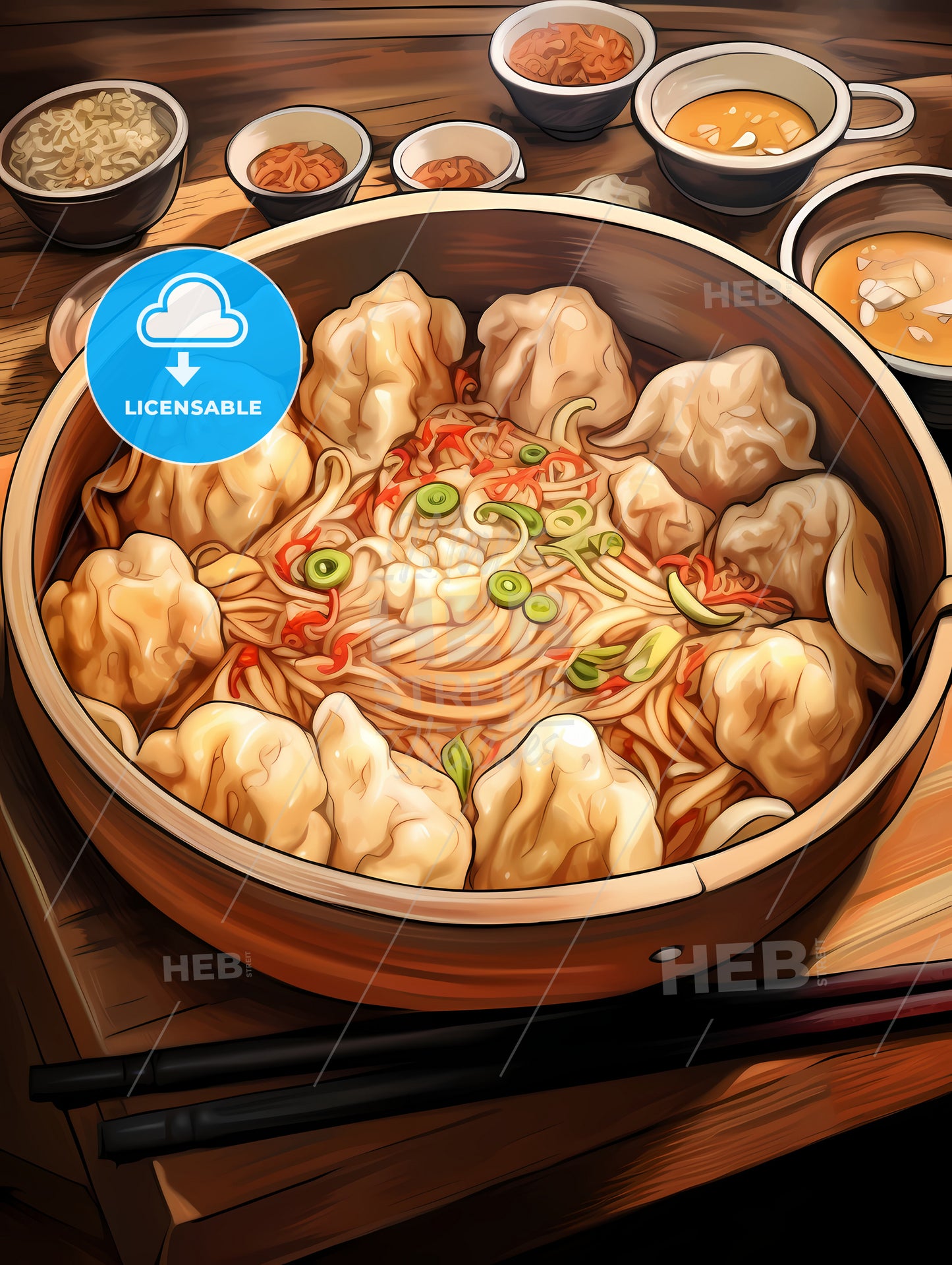 Hot Tasty Chinese Dumplings, A Bowl Of Food With Chopsticks
