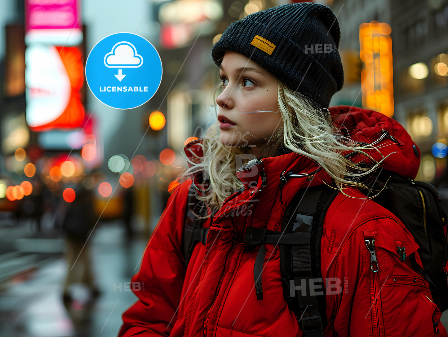 A Photo Of An E-Girl On 5Th Avenue, A Woman In A Red Coat And Beanie