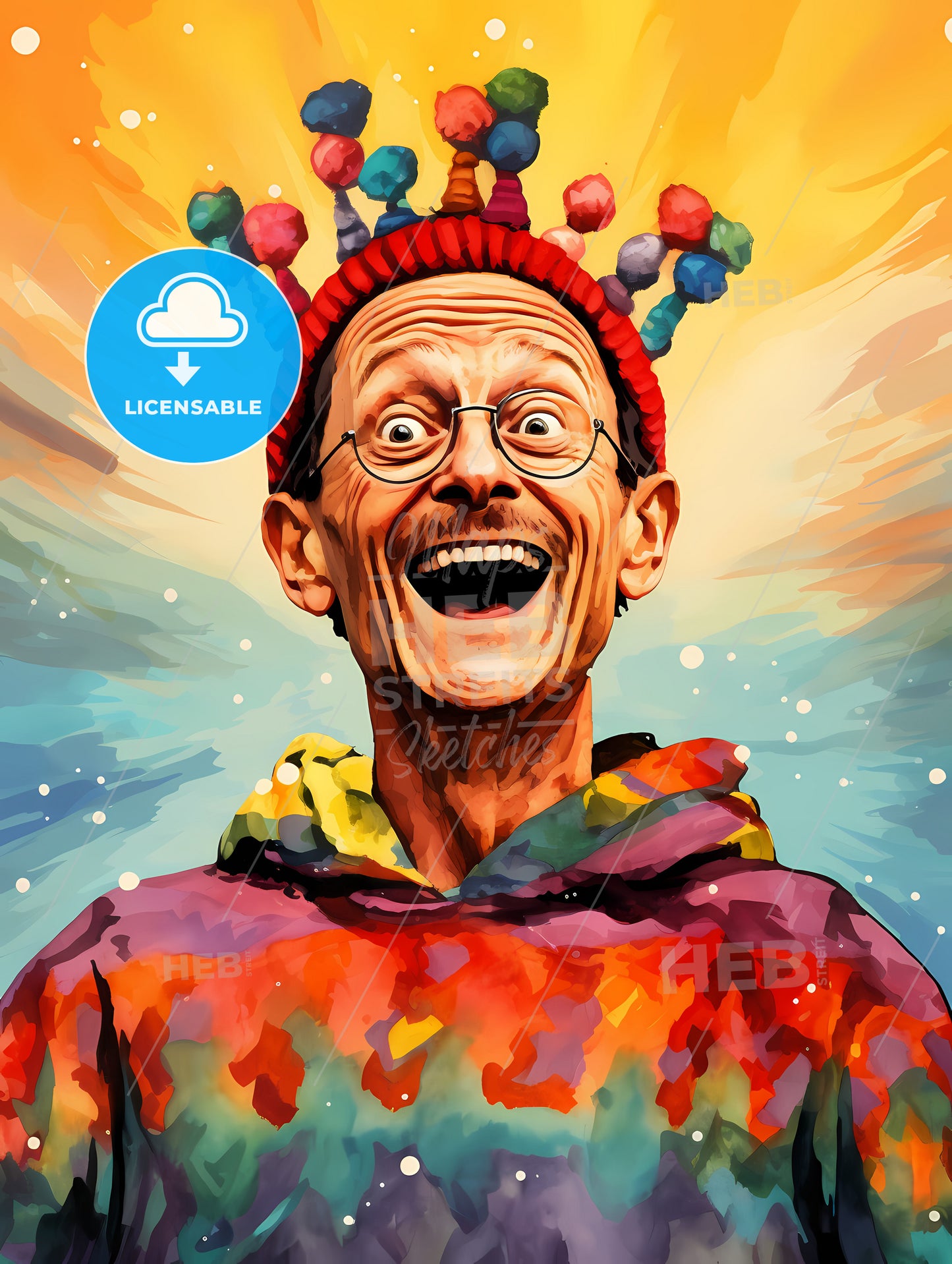 Happy Suprised Man Wearing Santa Hat, A Man Wearing Glasses And A Hat With Pompoms On His Head