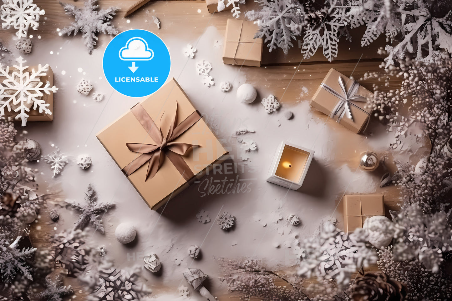 Top View Of Snowed Table, A Group Of Presents And A Candle