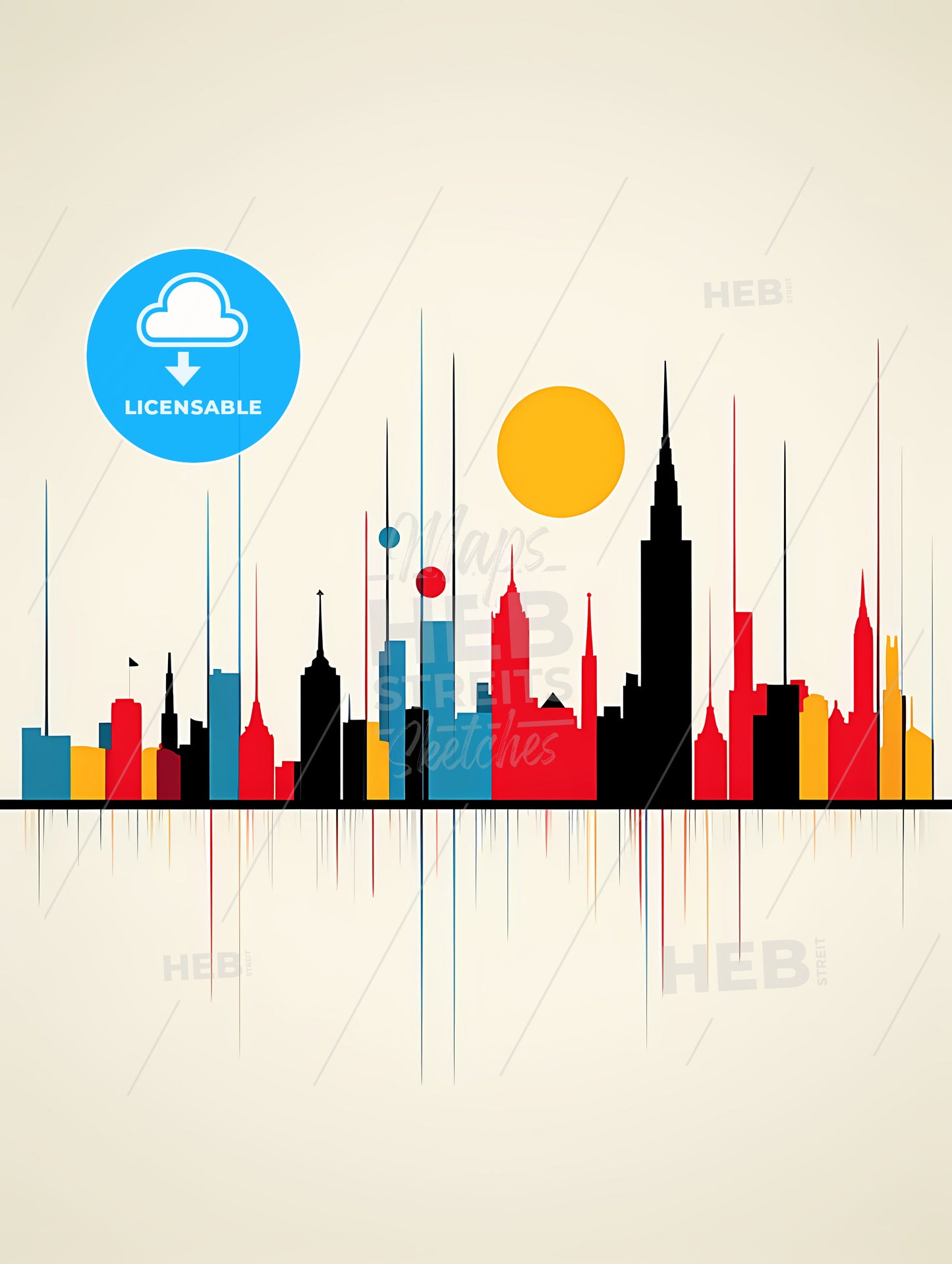 Minimalist Barcelona Skyline, A Colorful City Skyline With Sun