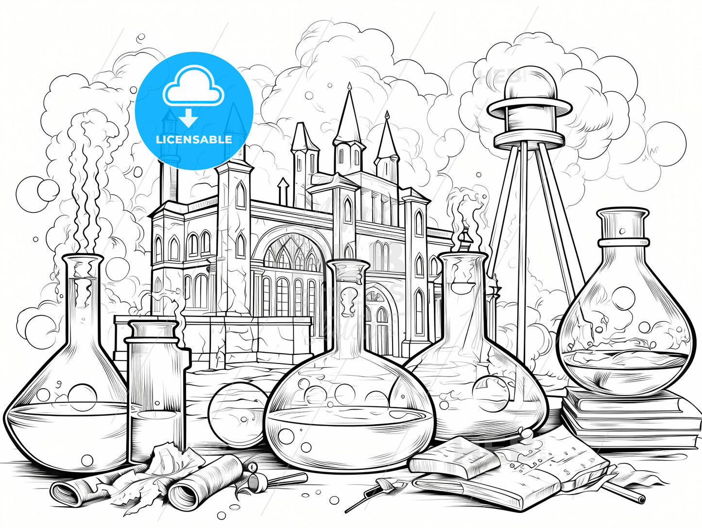 Science Day, A Black And White Drawing Of A Castle