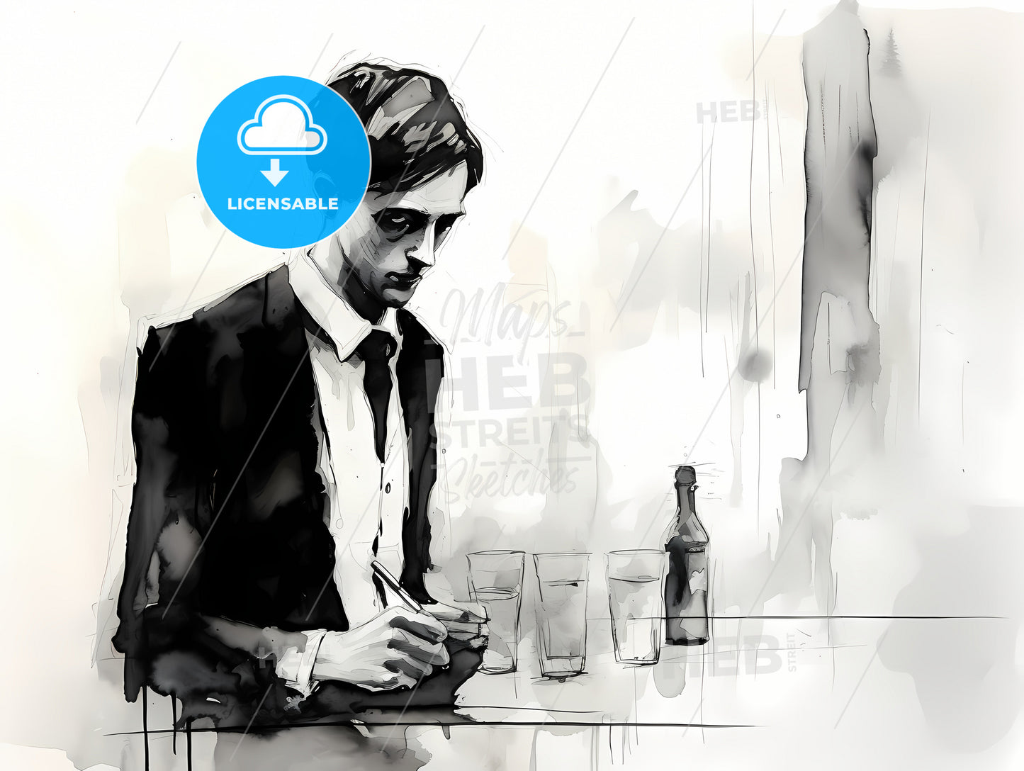 A Depressd Waiter, A Man Writing On A Paper