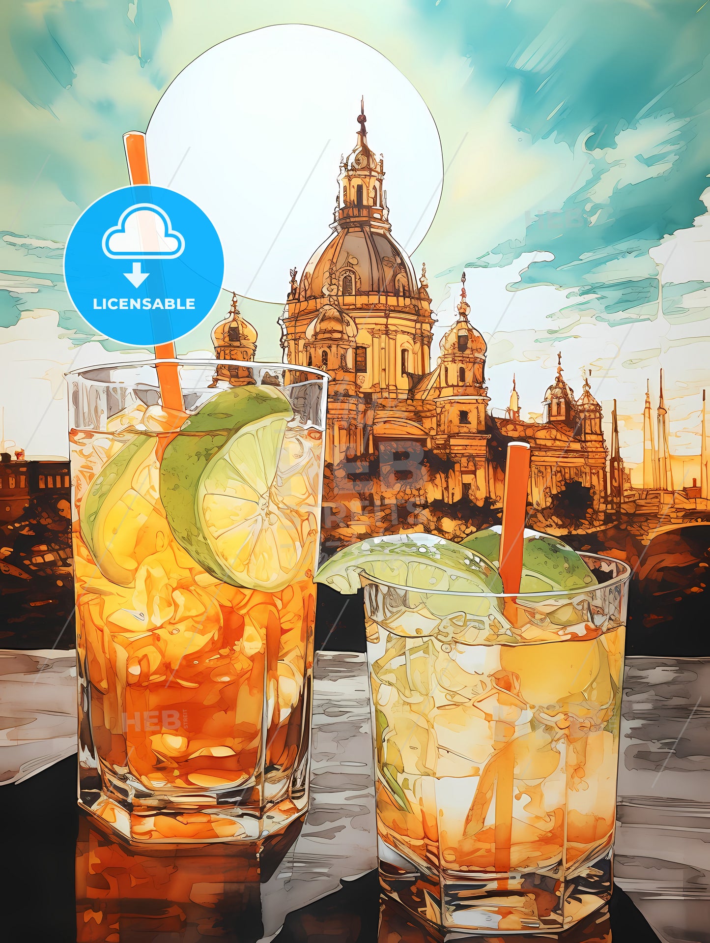 Mojito Drink, Two Glasses Of Drinks With Limes And Straws In Front Of A Building