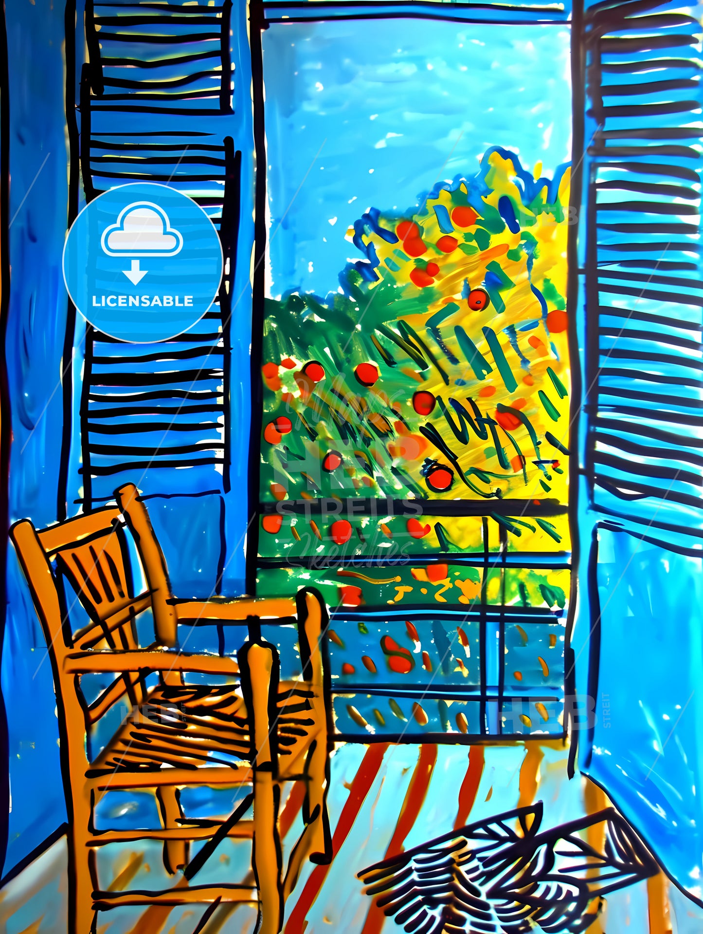 Still Life With Oranges Ad Apples, A Drawing Of A Chair In Front Of A Window