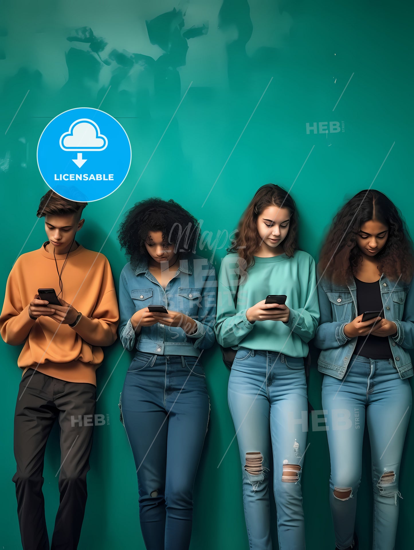 Group Of Multiethnic Teenagers Addicted To Use Smartphones, A Group Of People Looking At Their Phones