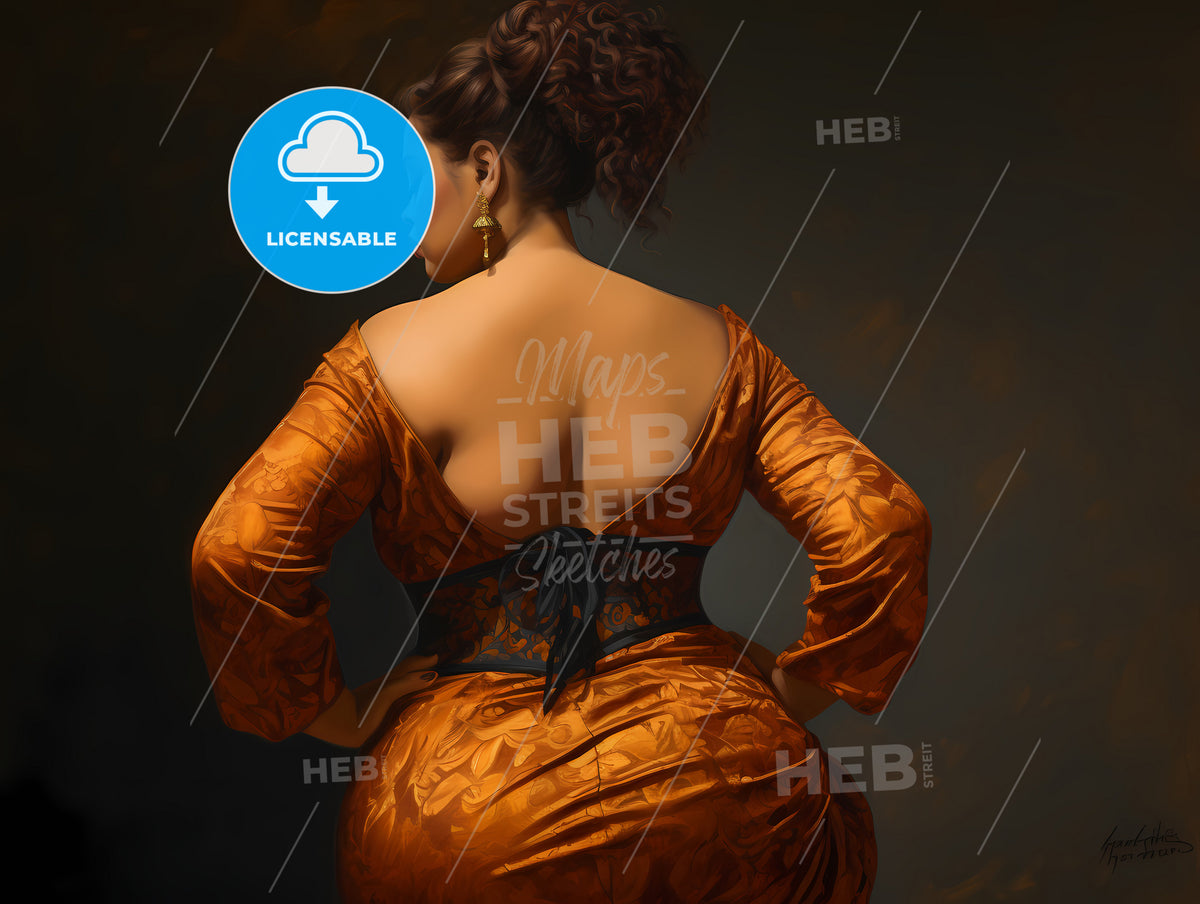 Full-Figured Woman Rear View, A Woman In An Orange Dress