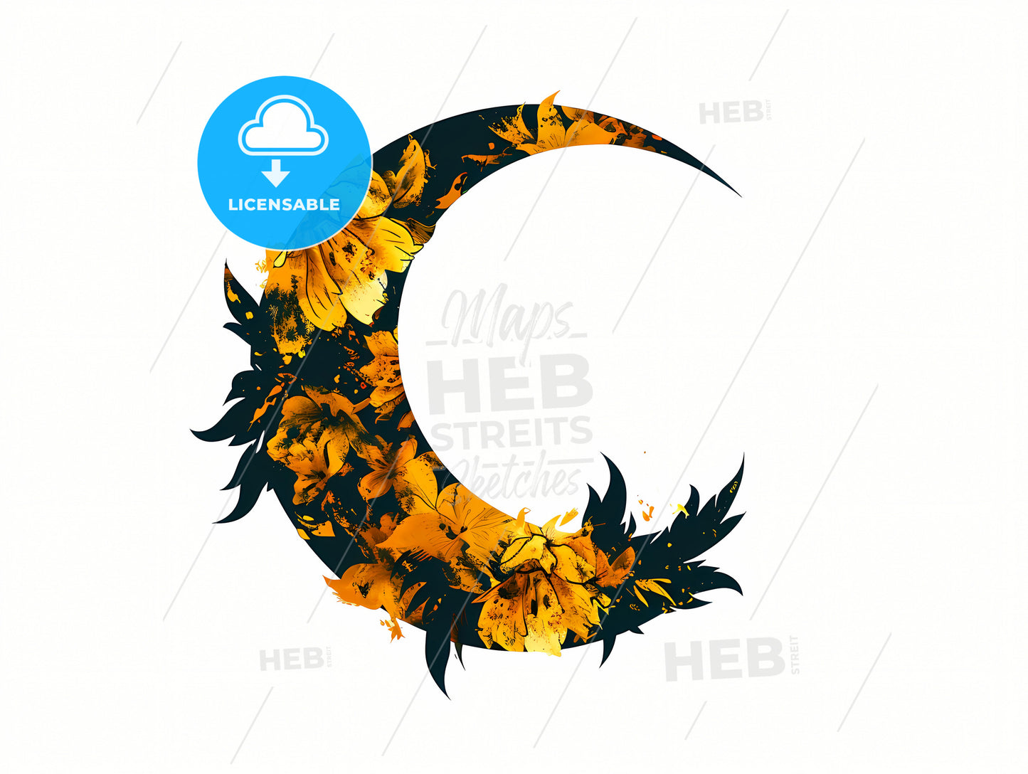 Antique Style Hand Drawn Art Crescent Moon, A Moon With Flowers On It