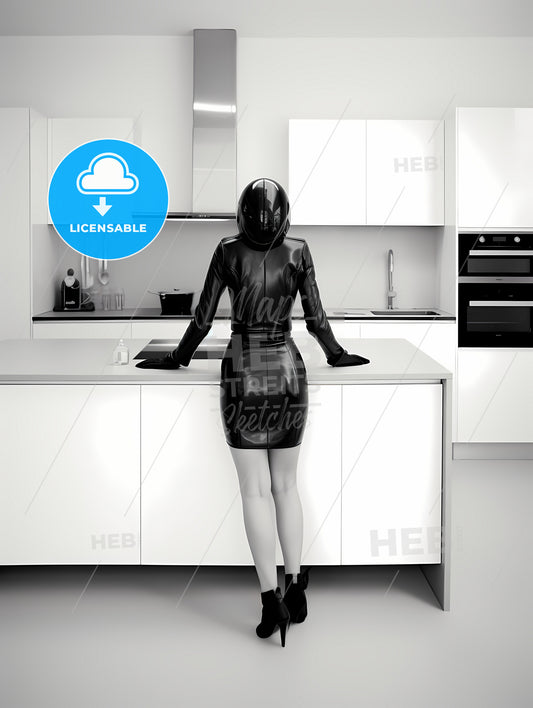 Woman Wearing Skintight Black Leather, A Woman In A Black Latex Outfit In A Kitchen