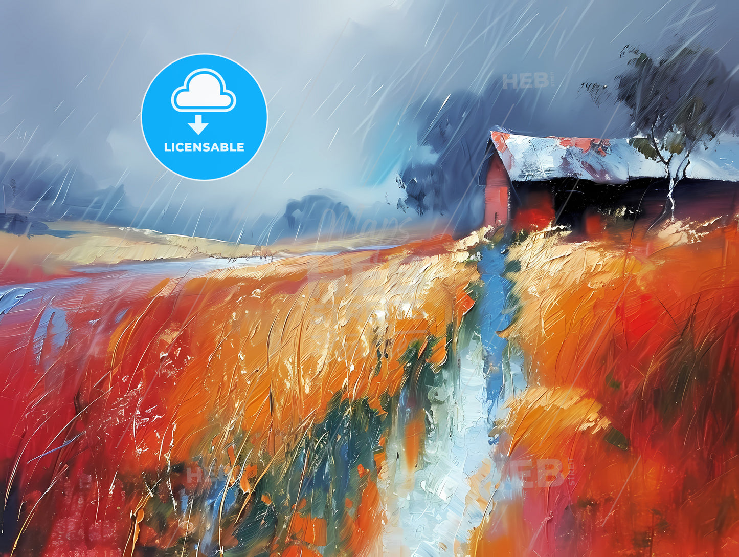 Abstract Oil Painting, Abstract, Contemporary Art, A Painting Of A House In A Field