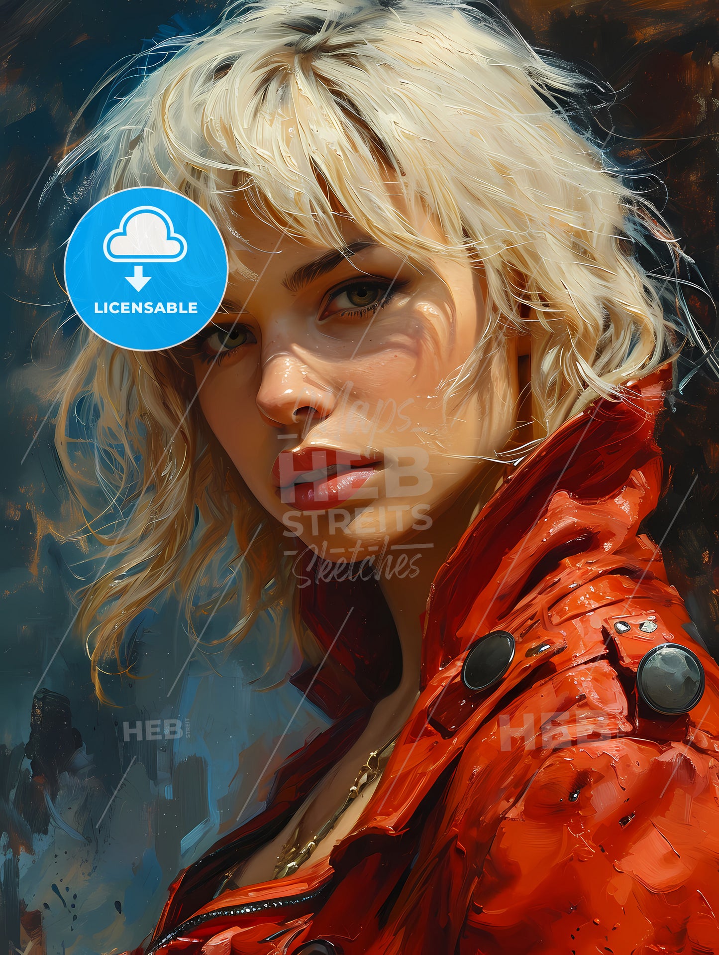 Gouache Painting Of A Blonde, A Woman With Blonde Hair Wearing A Red Jacket