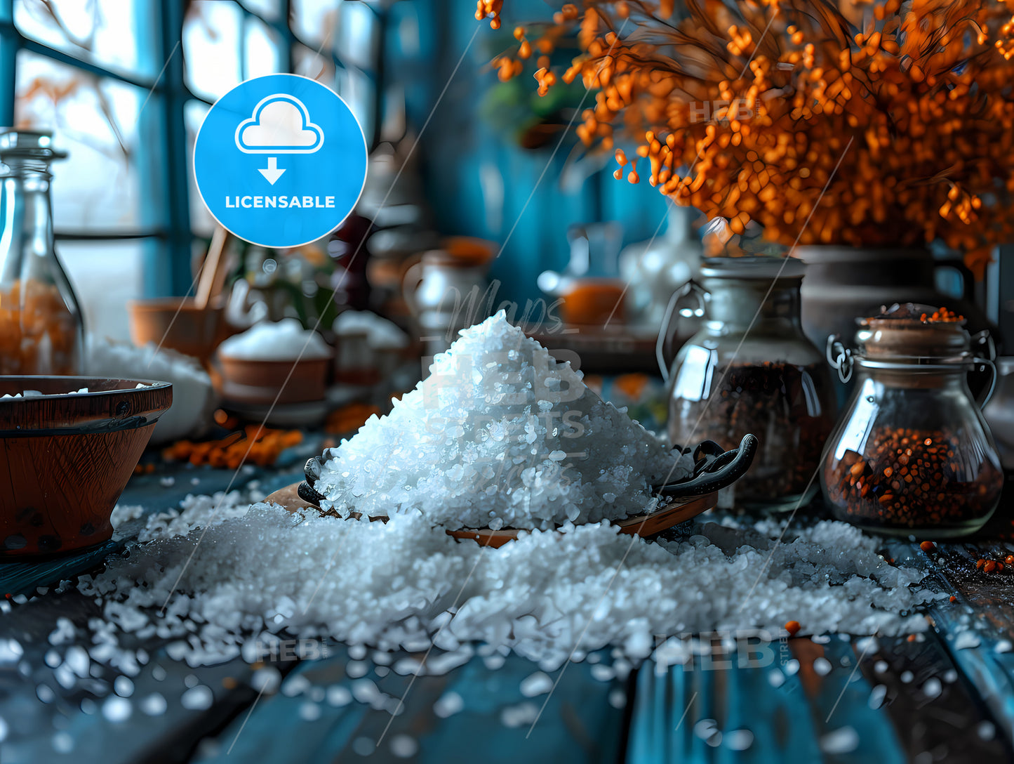 A Salt Shaker On A Counter, A Pile Of Salt On A Table