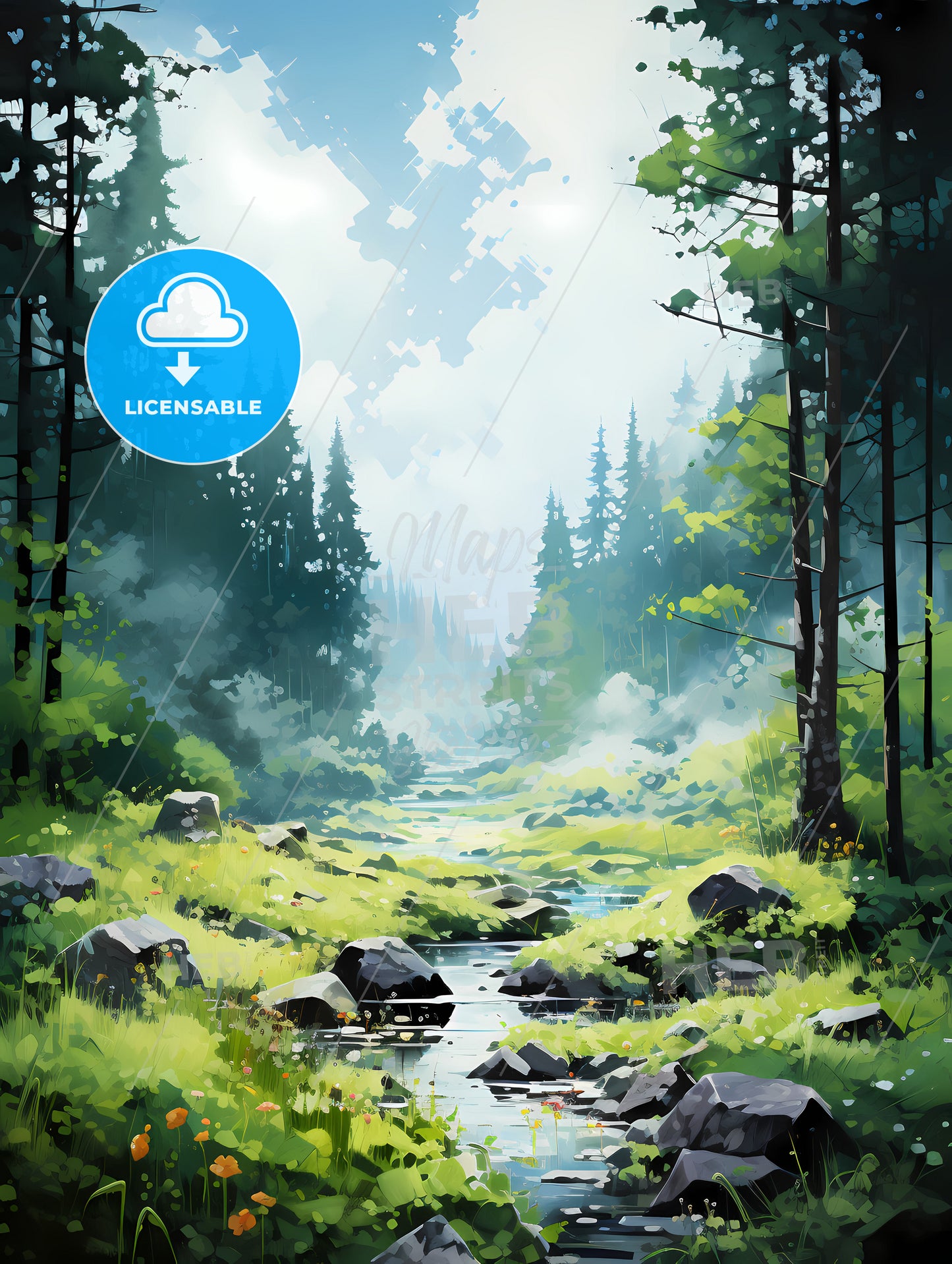 A Piece Of Acrylic Painting, A Stream In A Forest