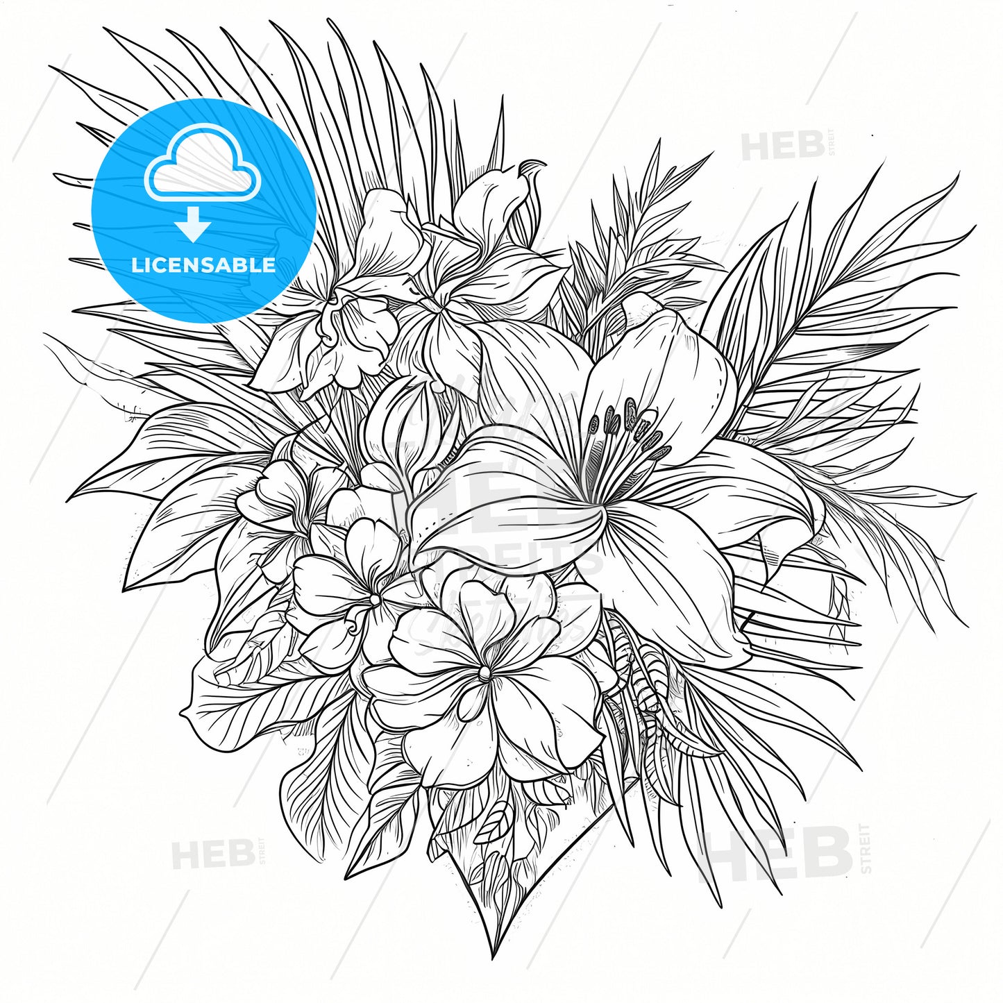 Hand Drawn Flower Heart, A Black And White Drawing Of Flowers