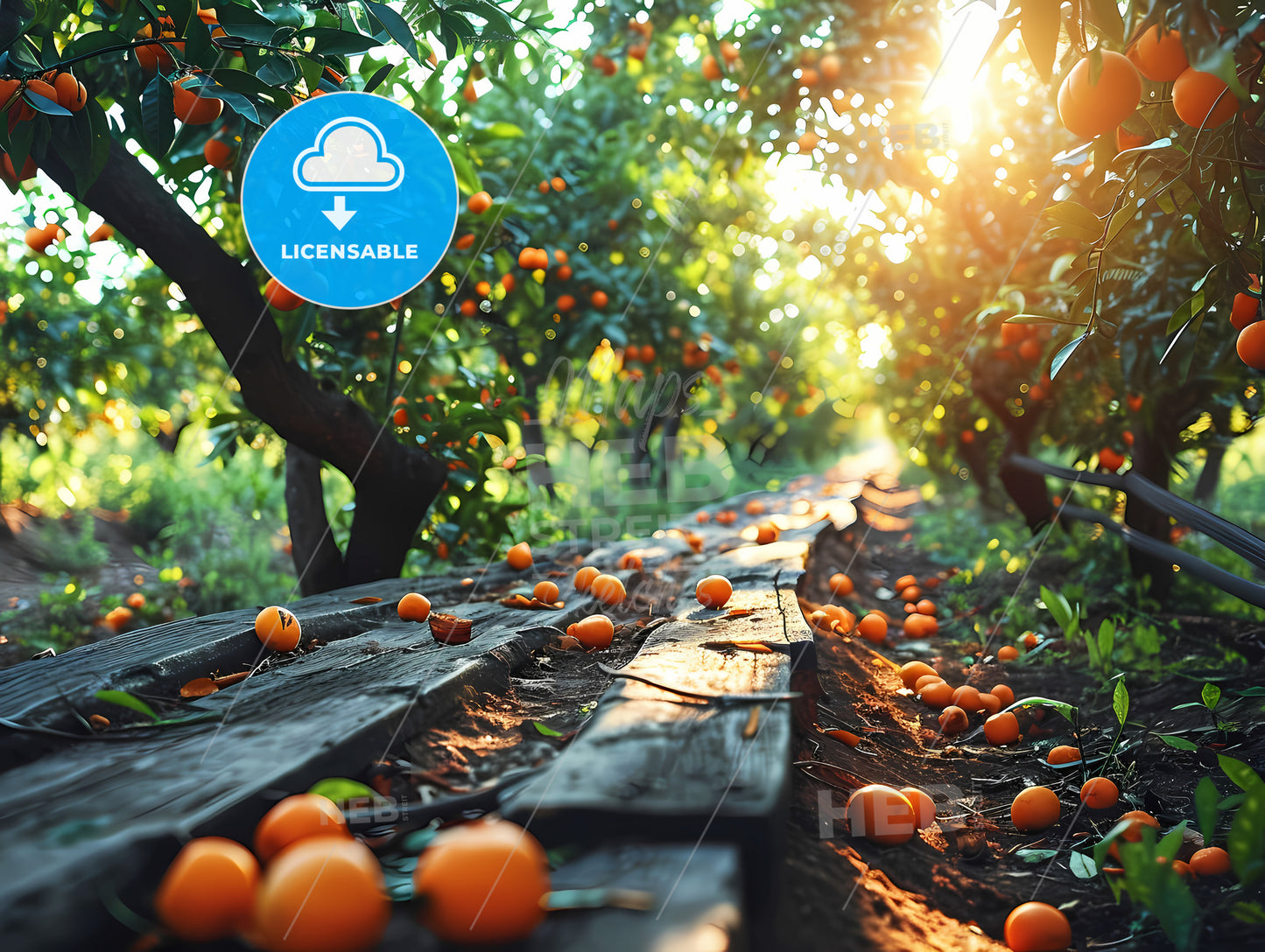 Blank Wooden Table Set, Oranges On The Ground In A Garden