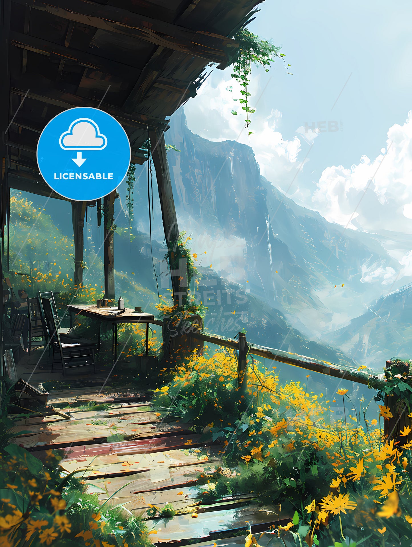 Furniture On Deck With A View, A Porch With Chairs And A Table And A Railing Overlooking A Mountain