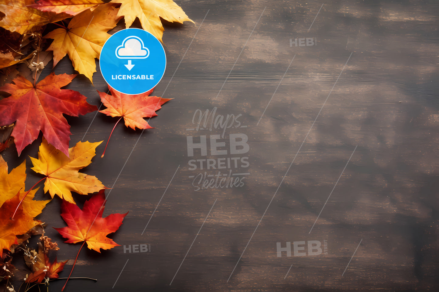 Autumn Background With Copy Space, A Group Of Colorful Leaves On A Wooden Surface