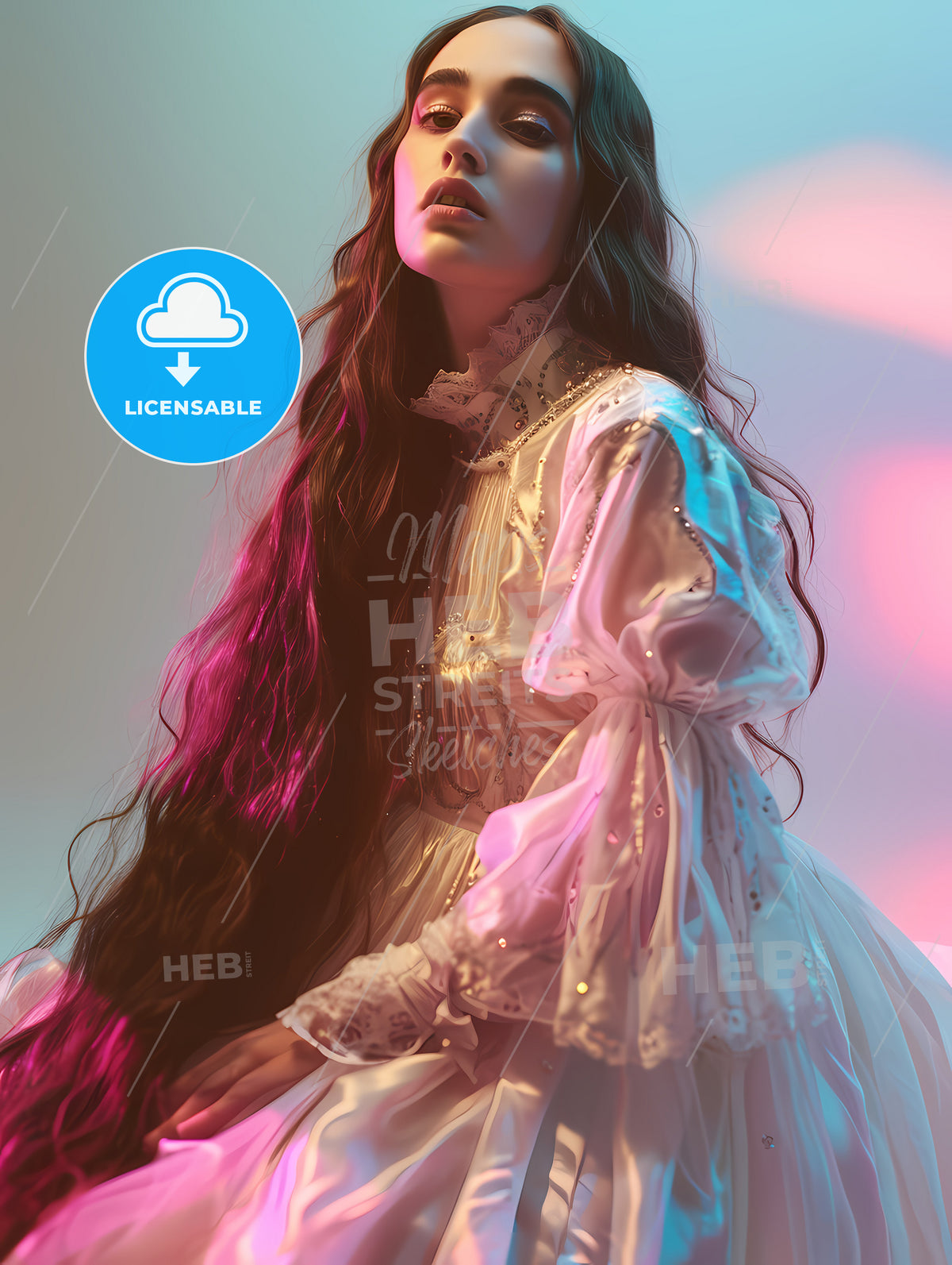 Pink And Blue Pastel Photomodel, A Woman In A White Dress
