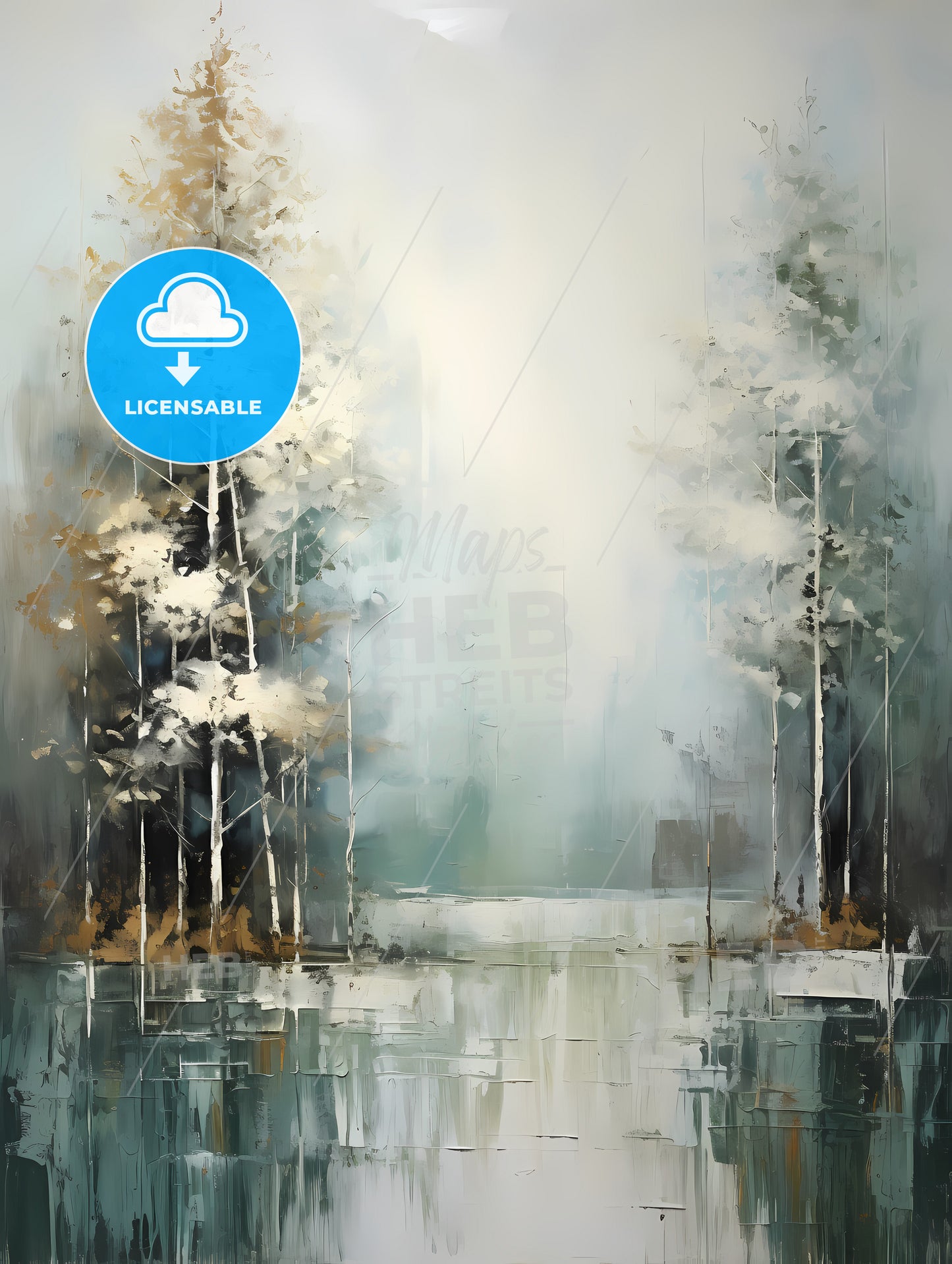 Painted Forest Of Trees In White, A Painting Of Trees In A Lake