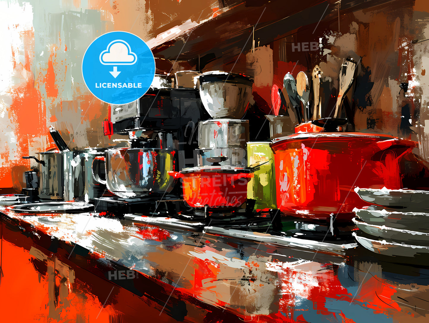 A Sketch Showing Designs Of Electric Cooker, A Kitchen Counter With Pots And Pans