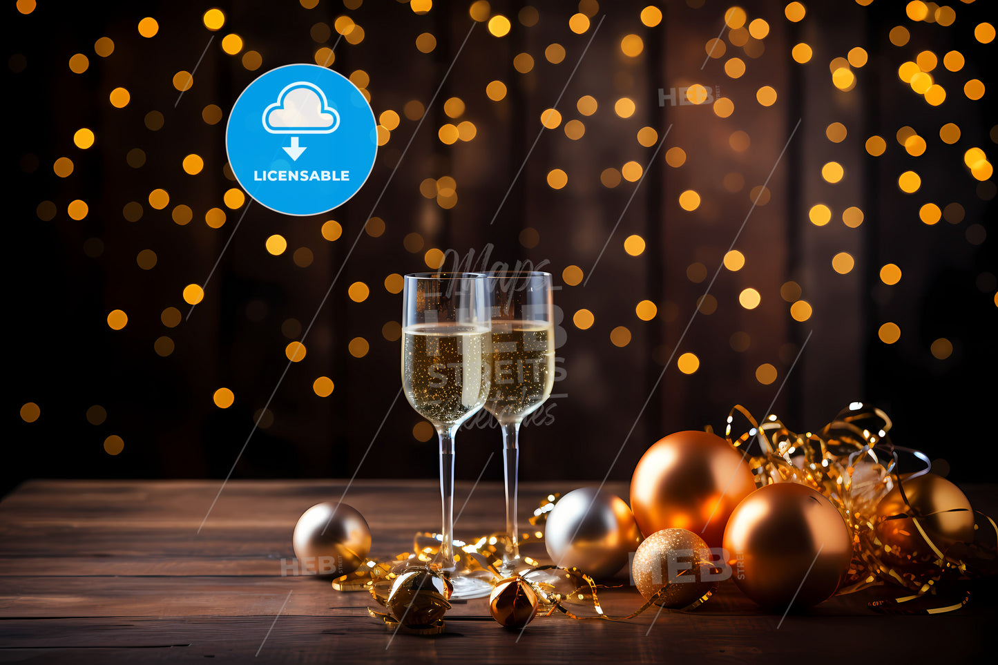 New Years Celebration Card, Two Glasses Of Champagne And Ornaments