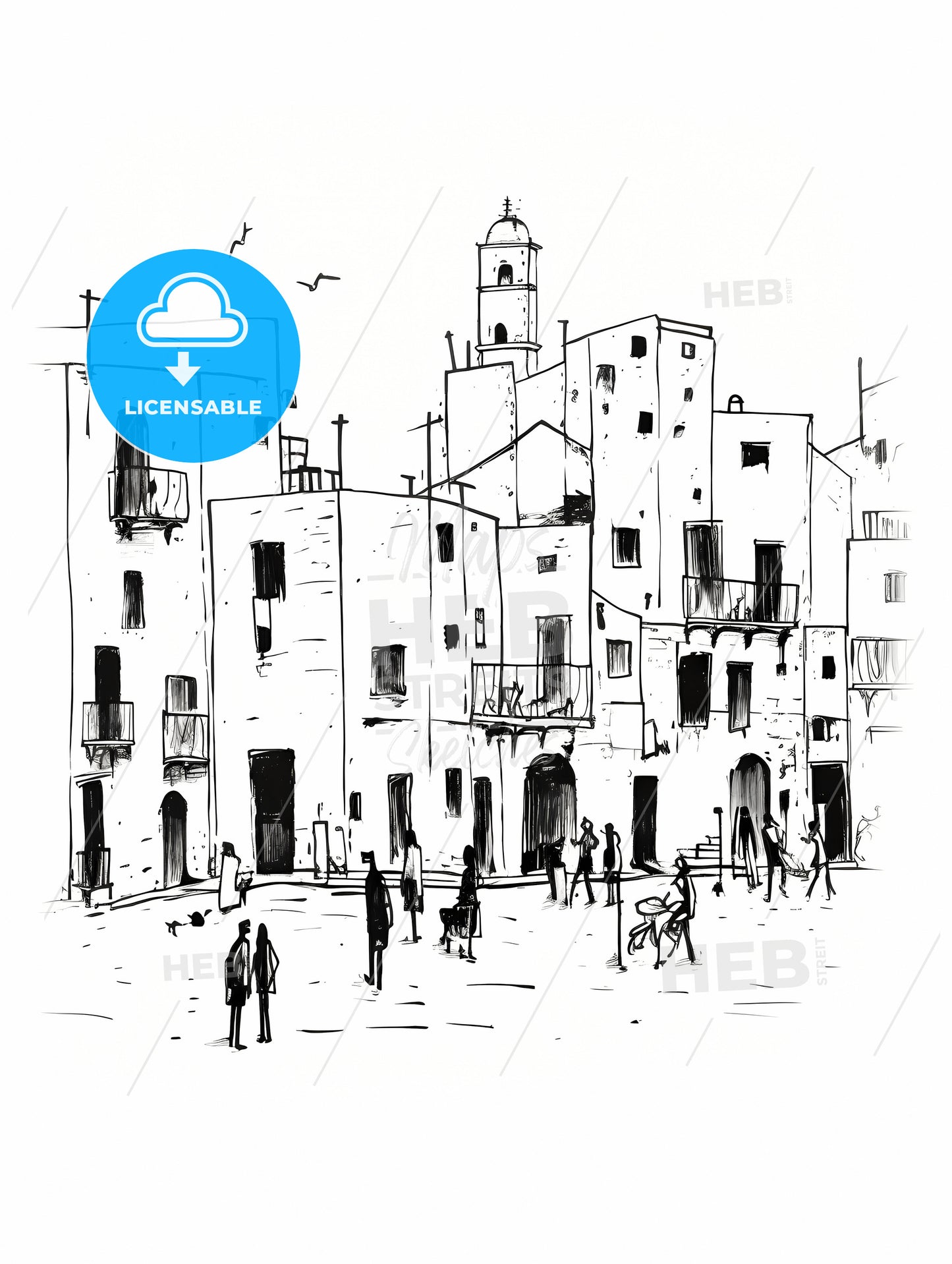 Trapani Tp City Center And Some People, A Drawing Of A Group Of People Walking In A Street