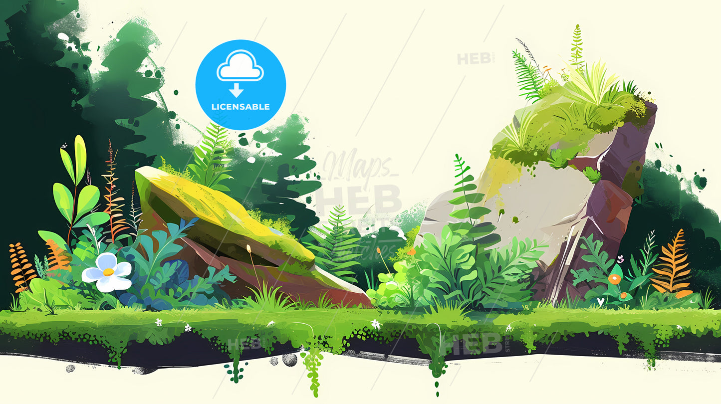 Cartoon Hand Drawn Moss Stones, A Cartoon Of A Green Landscape