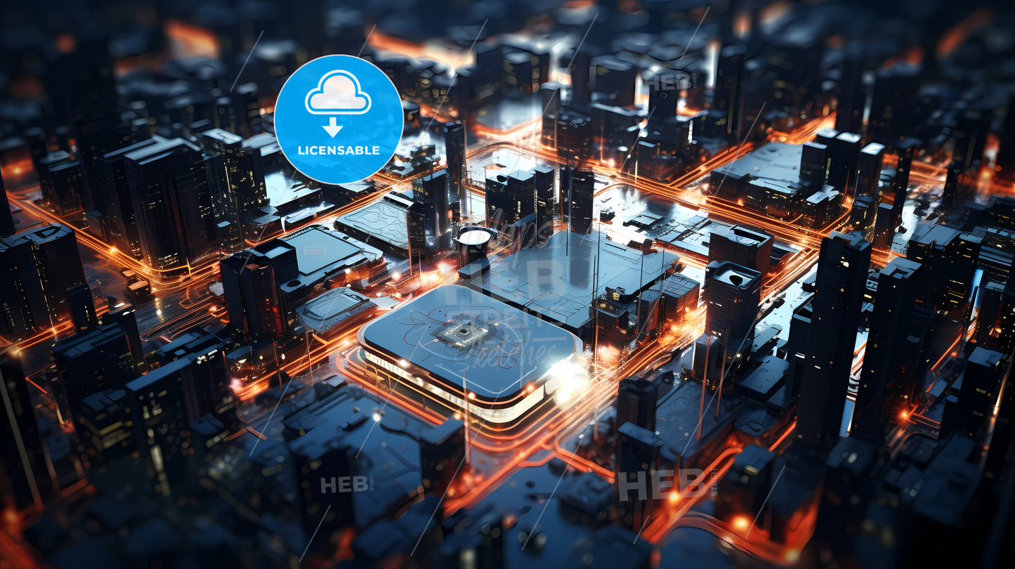 A Birds View Of The City, A City With Lights And Buildings