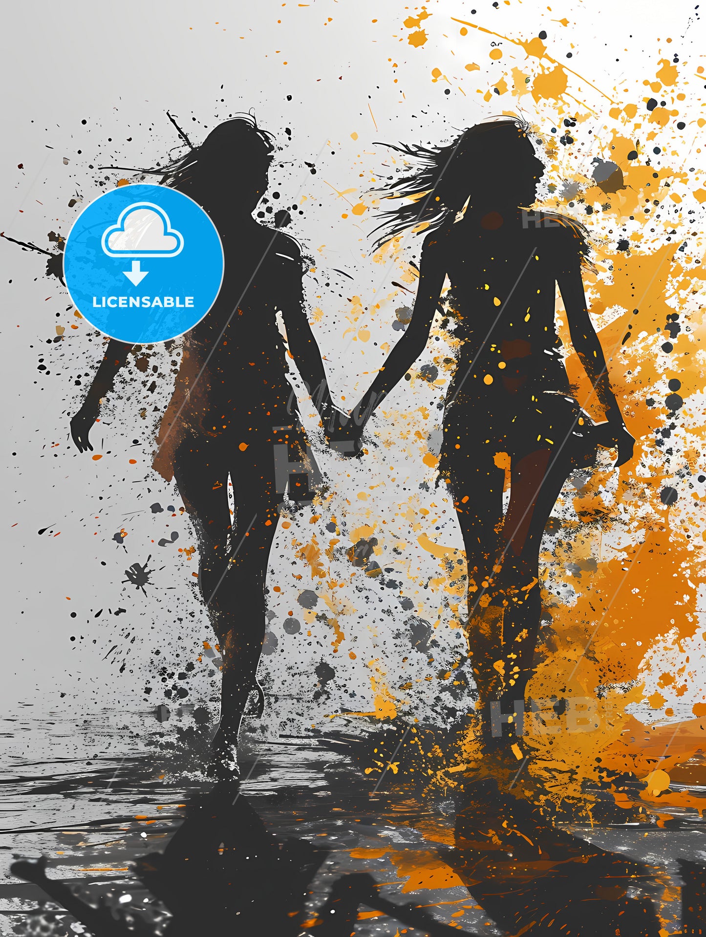 Hand Drawn Black And White Fashion Sketch, Two Women Holding Hands In Water