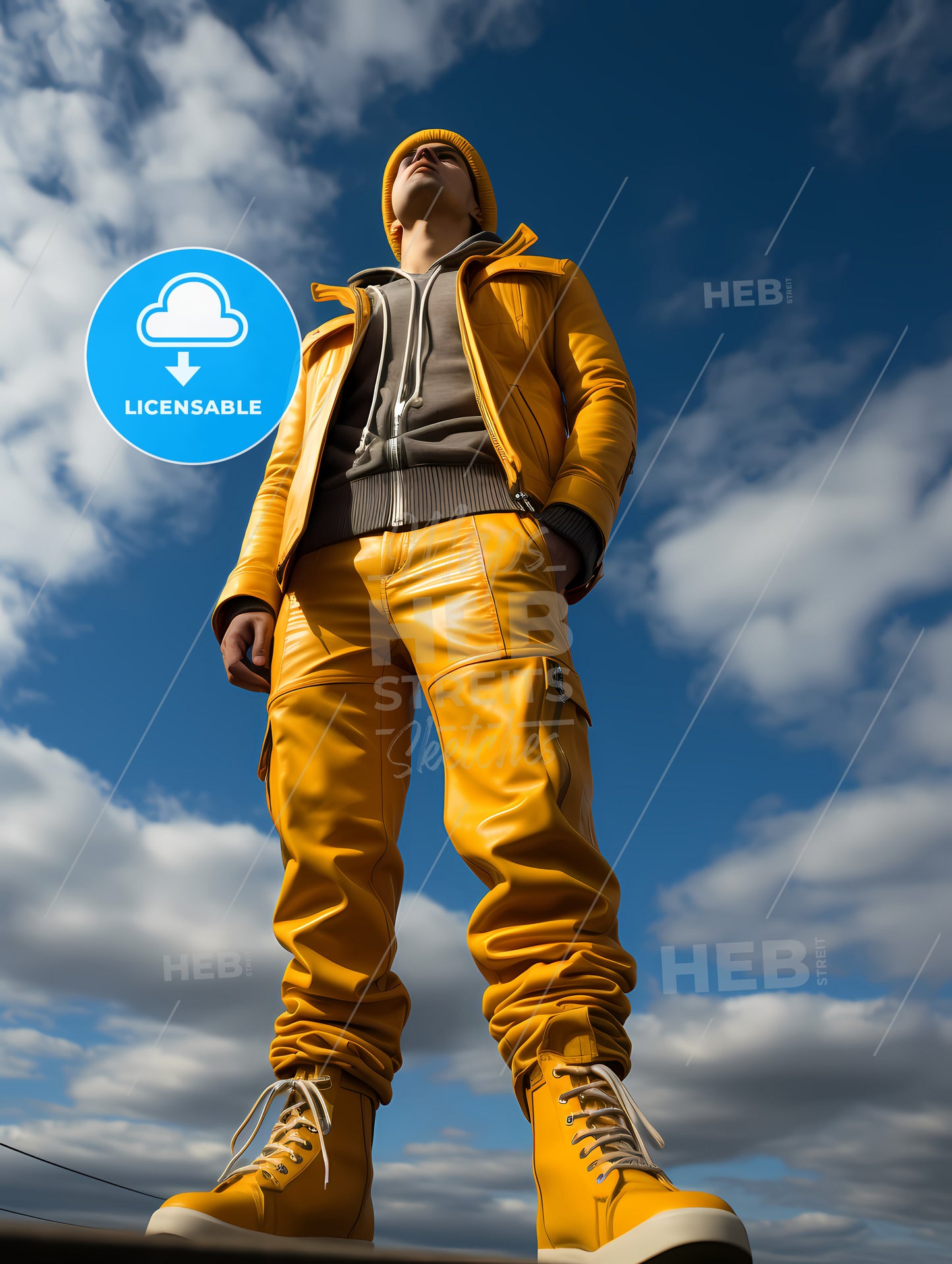Young 30 Years Old Woman, A Man In Yellow Leather Pants And A Hoodie