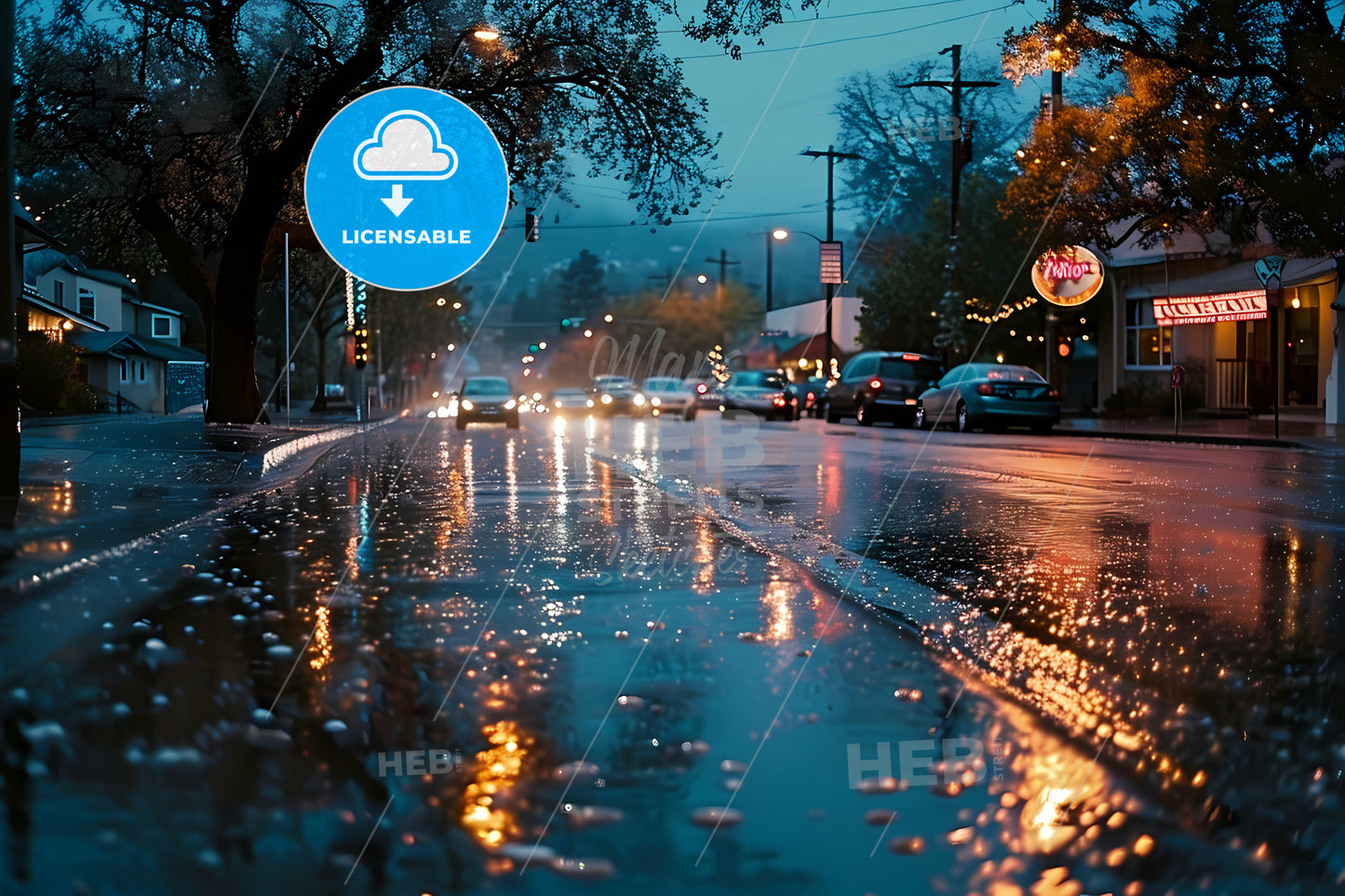 Wet Cityscape With Evening Rain, A Wet Street With Cars And Lights On