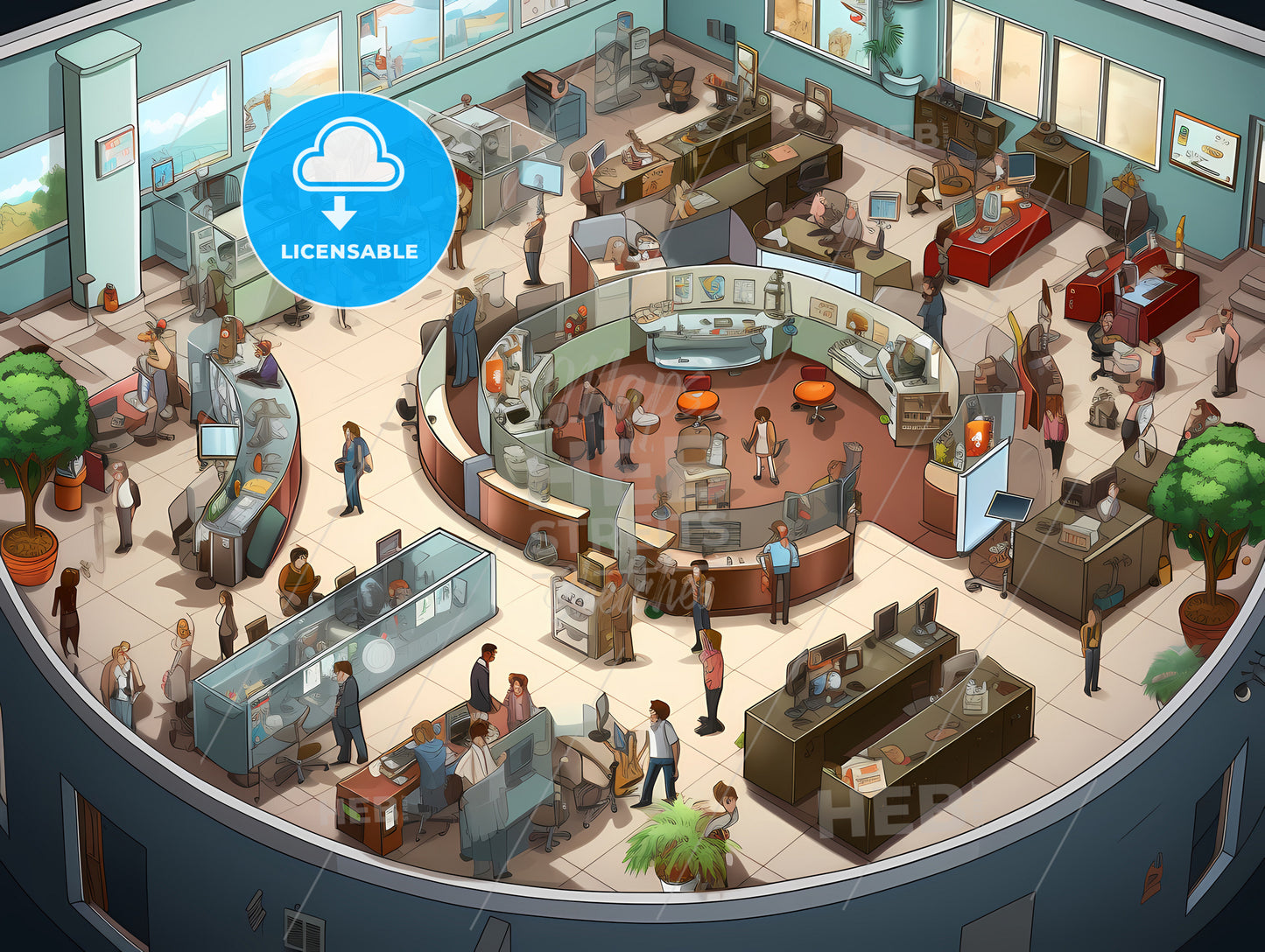 A Birds Eye View Of An Office, A Group Of People In A Large Office