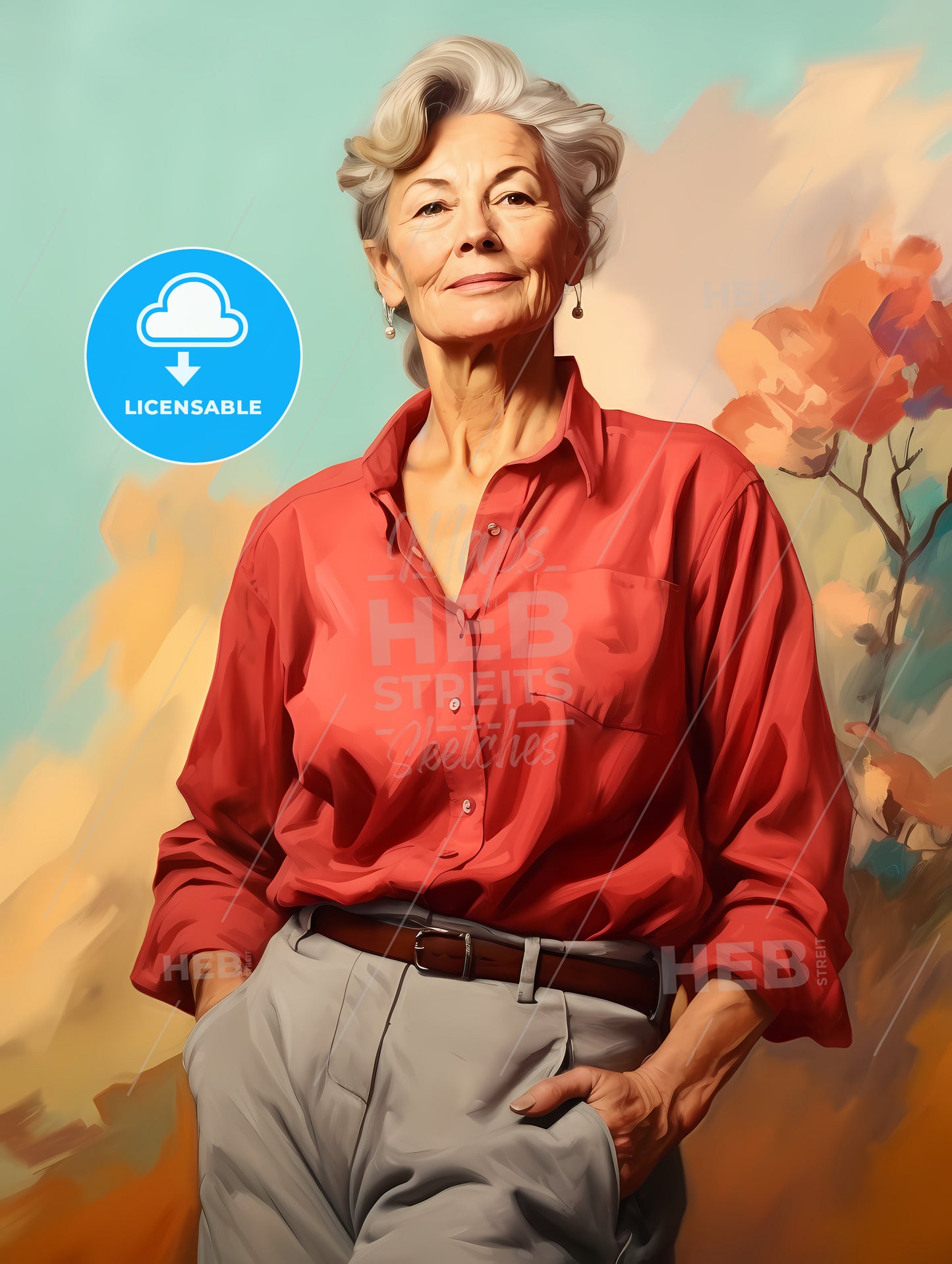 Woman In Her 70S Wearing Stylish Casual Clothes, A Woman In A Red Shirt