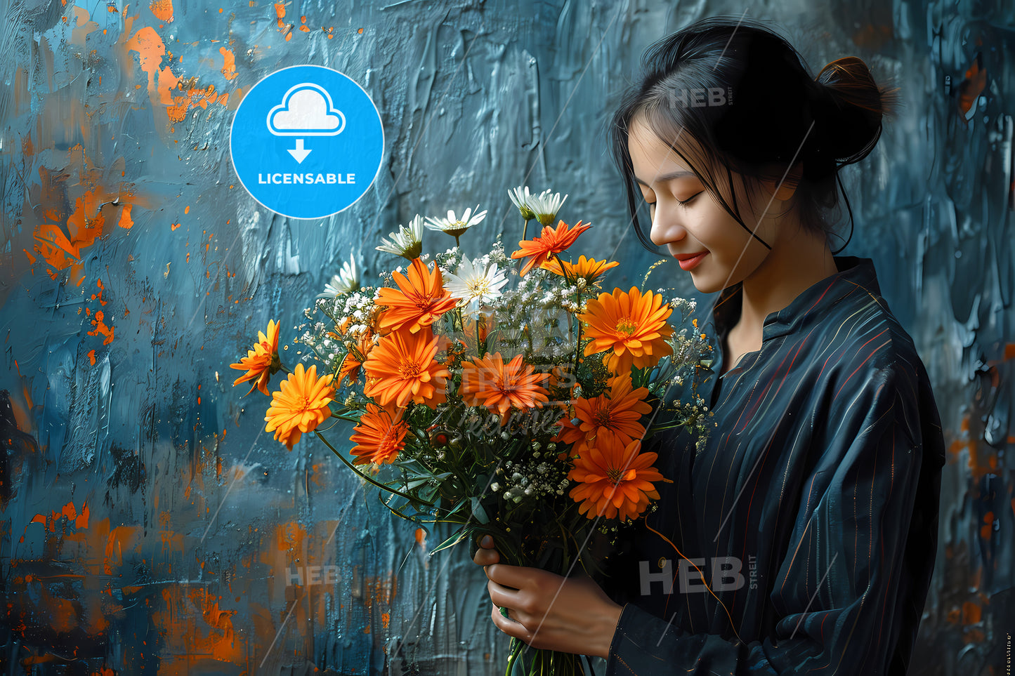 Oil Painting Of Portrait Of The Girl, A Woman Holding A Bouquet Of Flowers