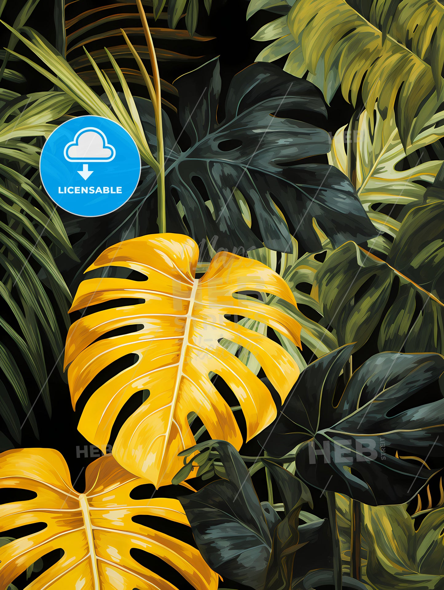 Monochrome Monstera Tropical Leaves, A Group Of Green And Yellow Leaves