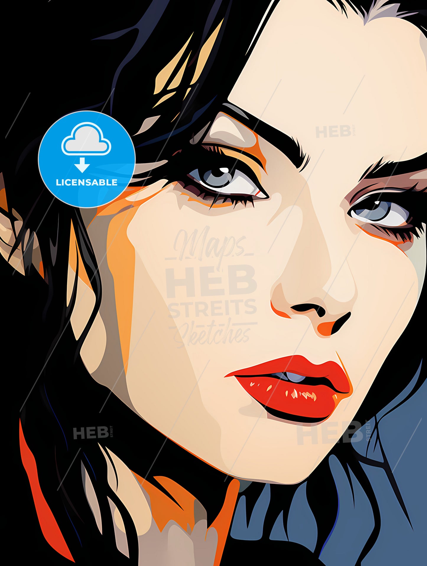 Illustration, A Woman With Long Black Hair And Red Lipstick