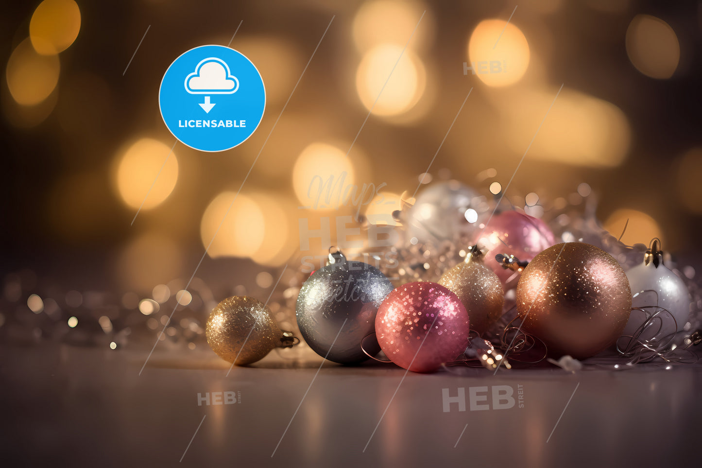 Elegant Silver Gold Pink Christmas Light Bokeh Background, A Group Of Ornaments On A Table