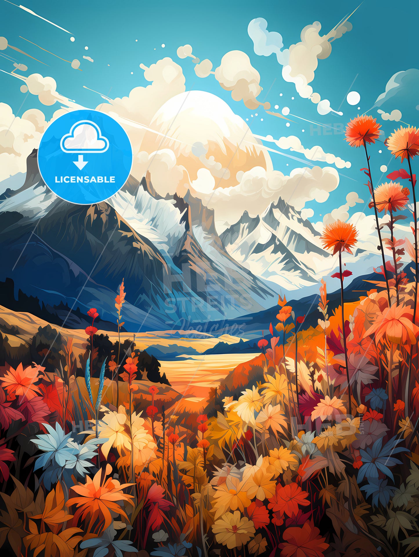 Torres Del Paine Natinal Park, A Landscape With Mountains And Flowers
