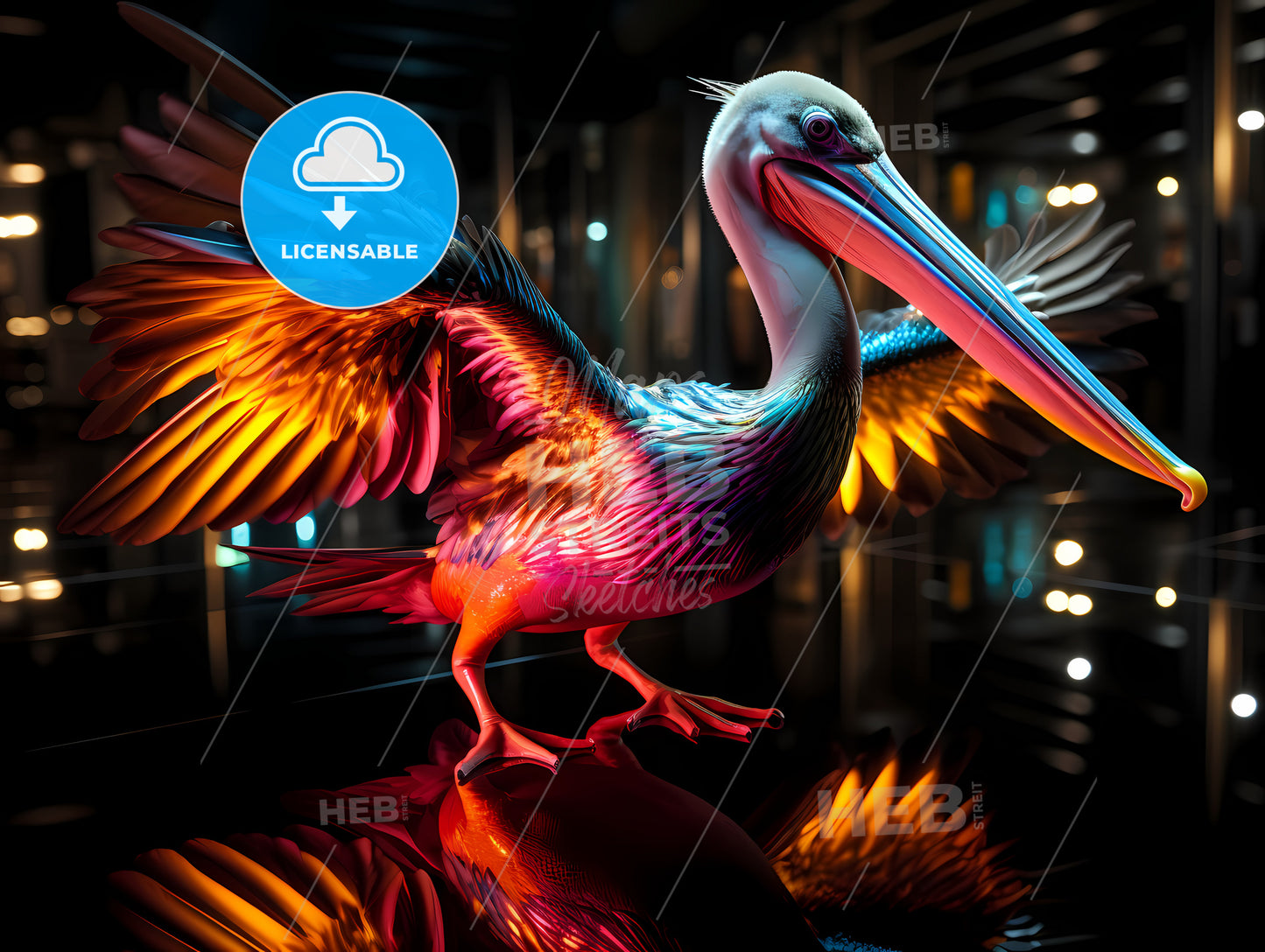 A Pelican Gracefully Glides Above The Calm Waters, A Colorful Bird With Wings Spread