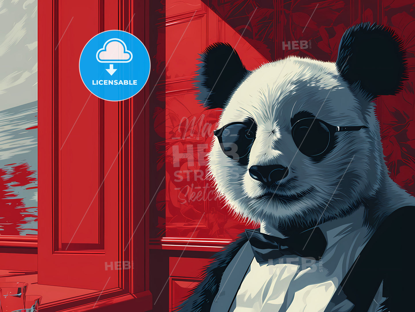 An Illustration Of A Funny Mafioso Panda, A Panda Wearing A Suit And Bow Tie