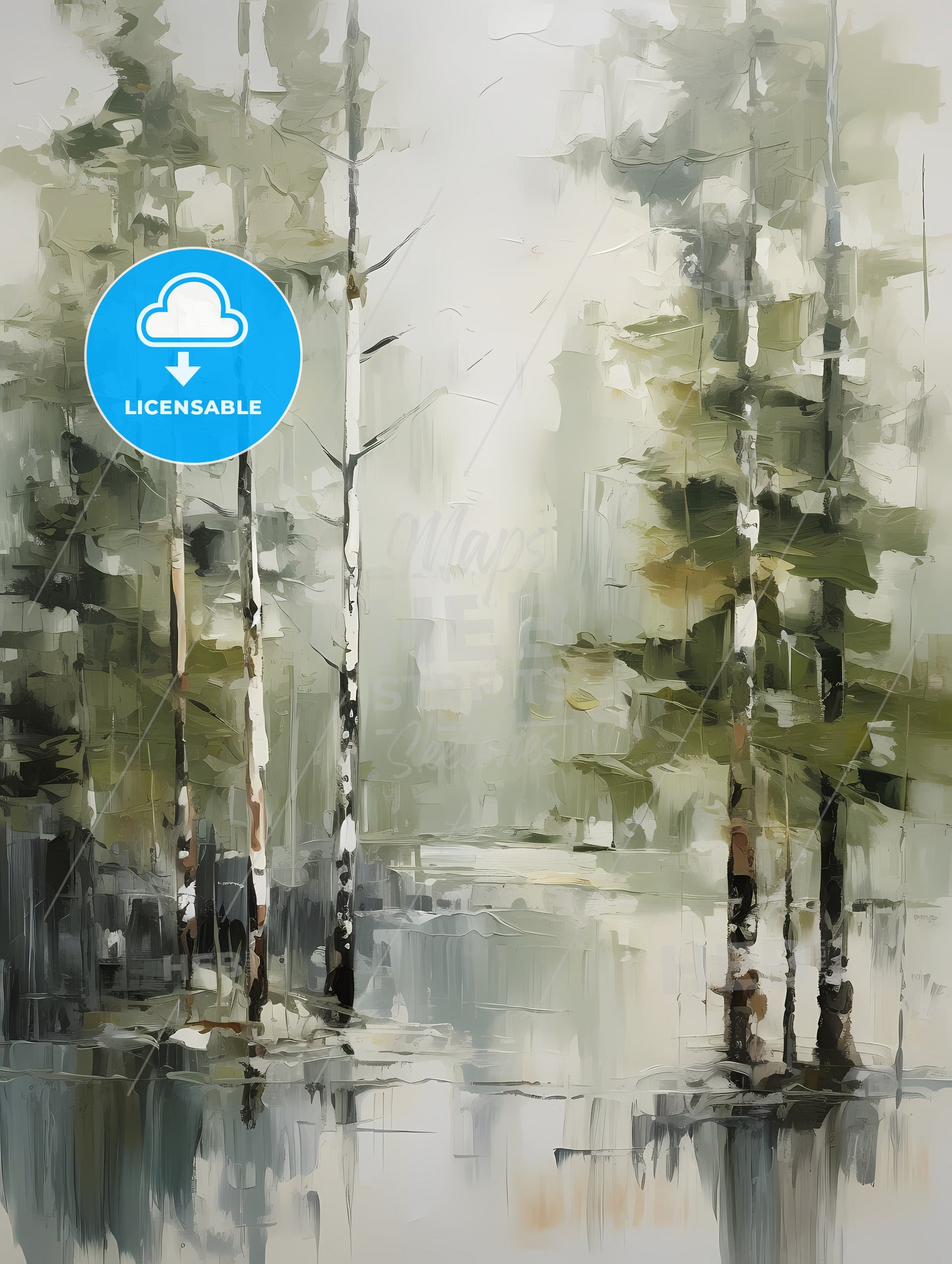 A Painting Of Green Forest Trees, A Painting Of Trees In Water