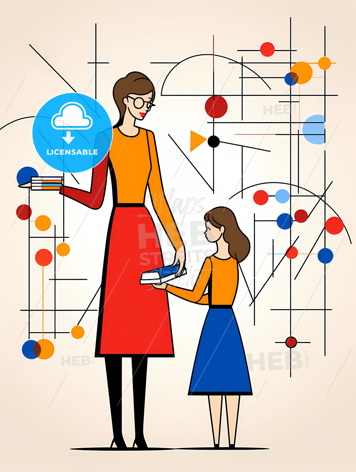 Minimalist Teacher Art, A Woman And A Girl Holding Books